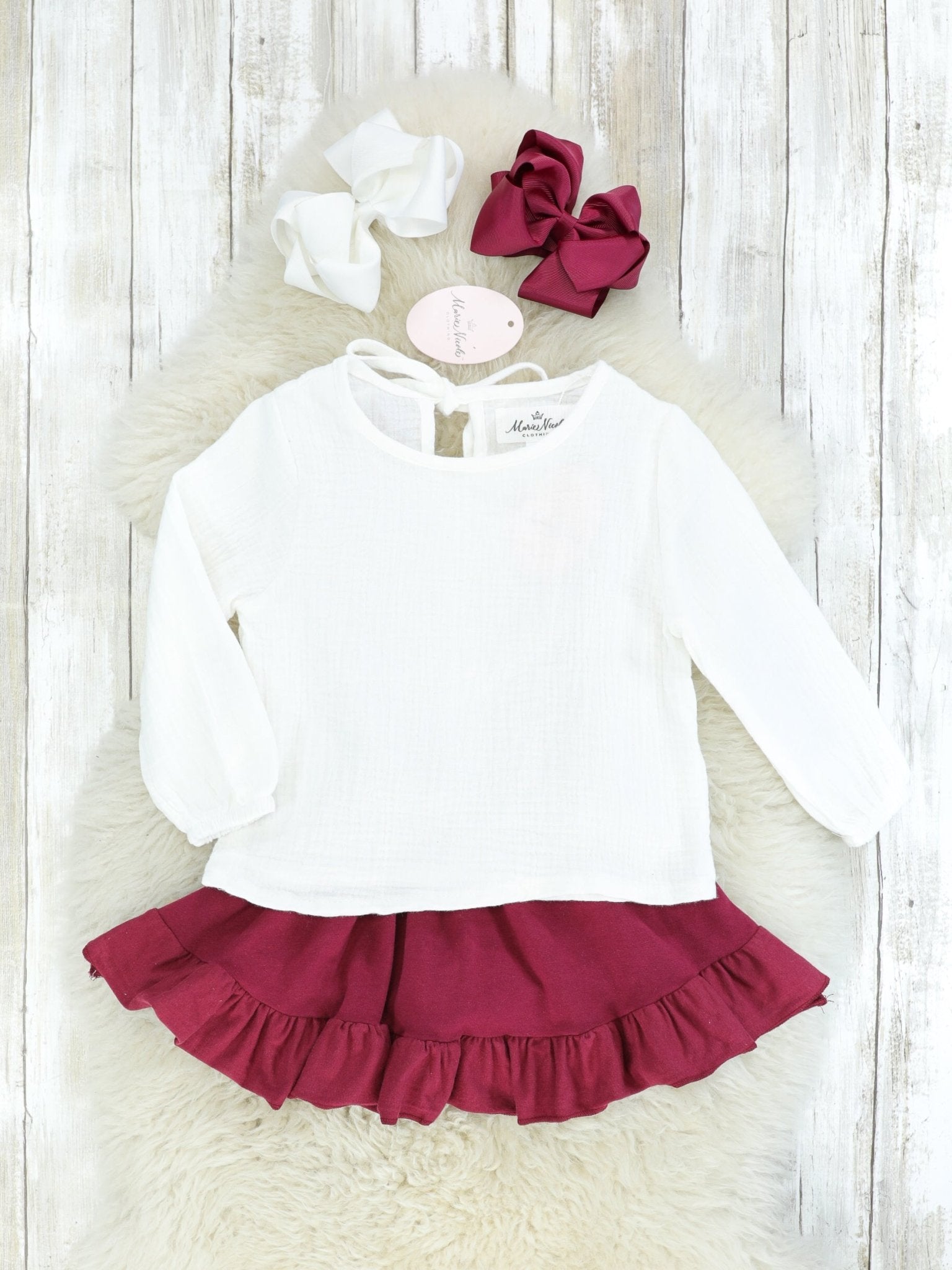Burgundy & White Suspender Skirt Set - Marie Nicole Clothing
