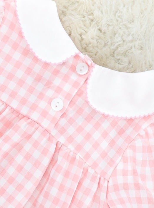 Pink Gingham Christmas Tree Bib Collar Dress - Marie Nicole Clothing
