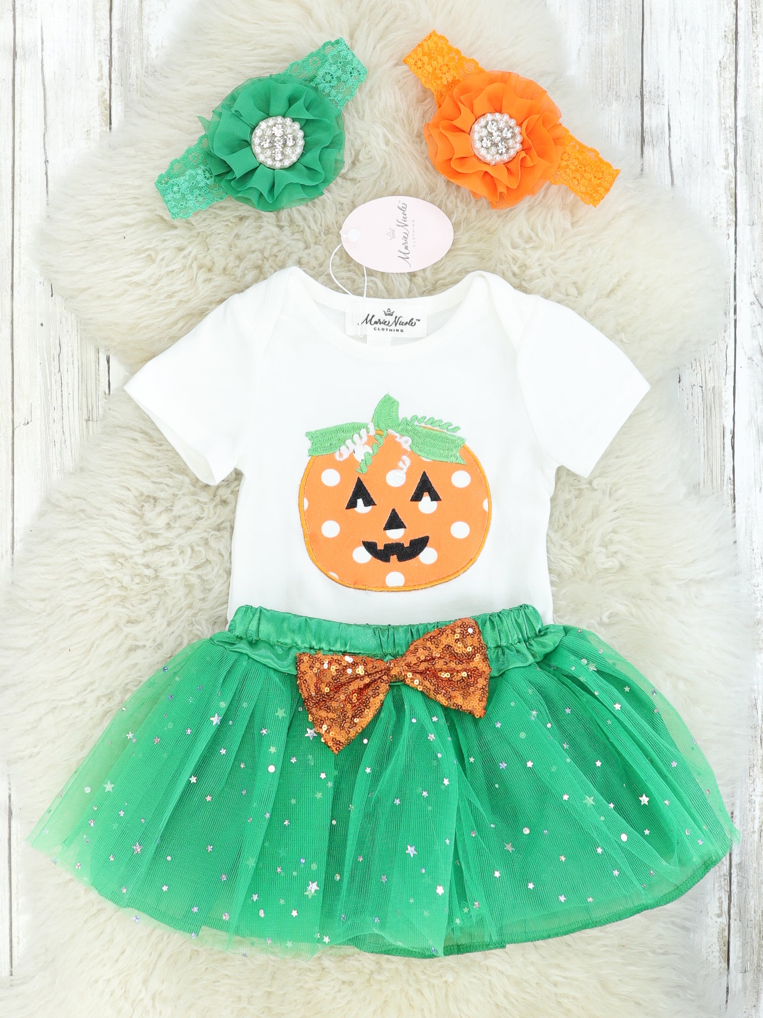 Polka Dot Pumpkin Romper & Green Tulle Skirt - Marie Nicole Clothing