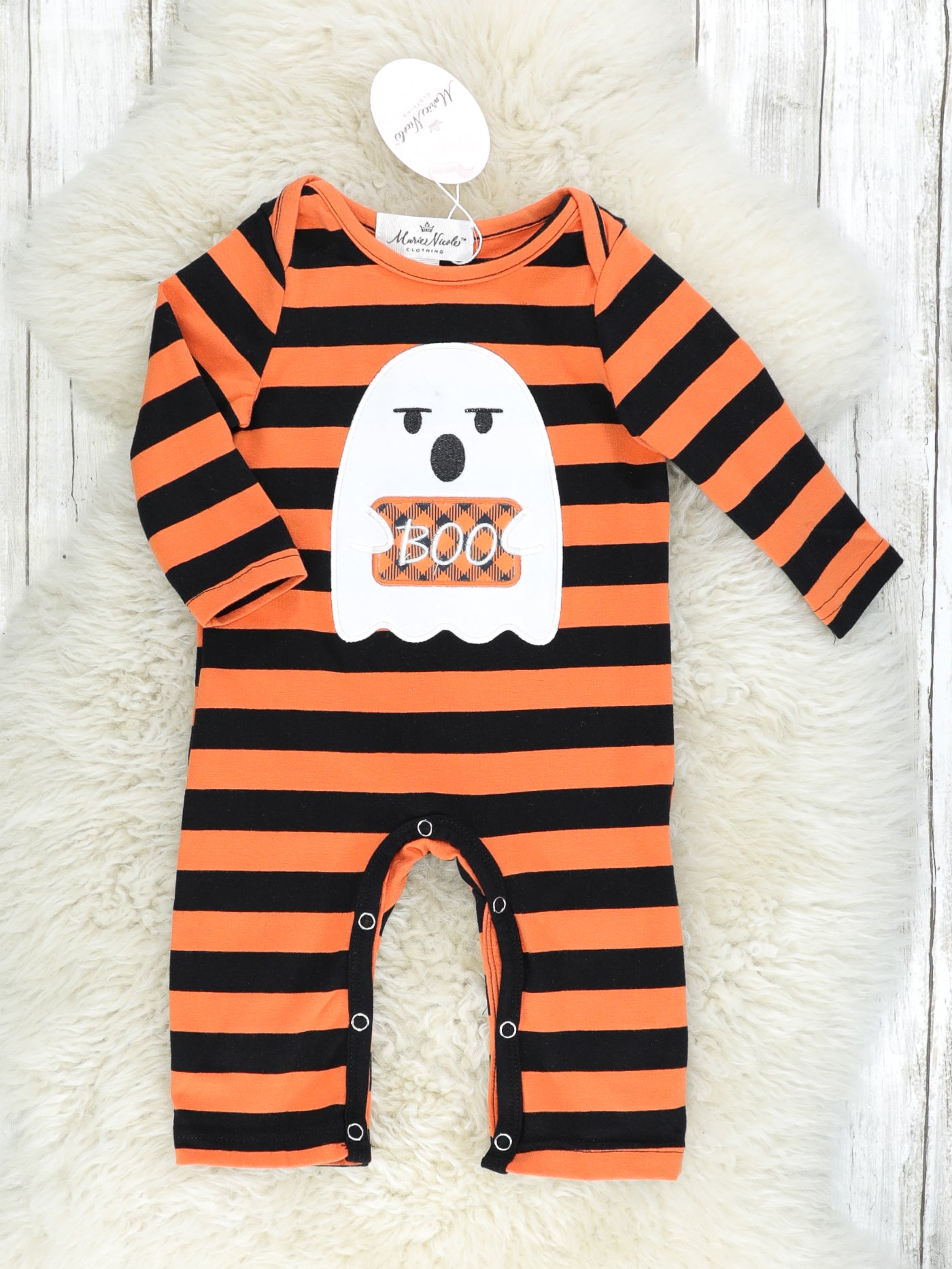 Orange Striped "BOO" Ghost Romper - Marie Nicole Clothing