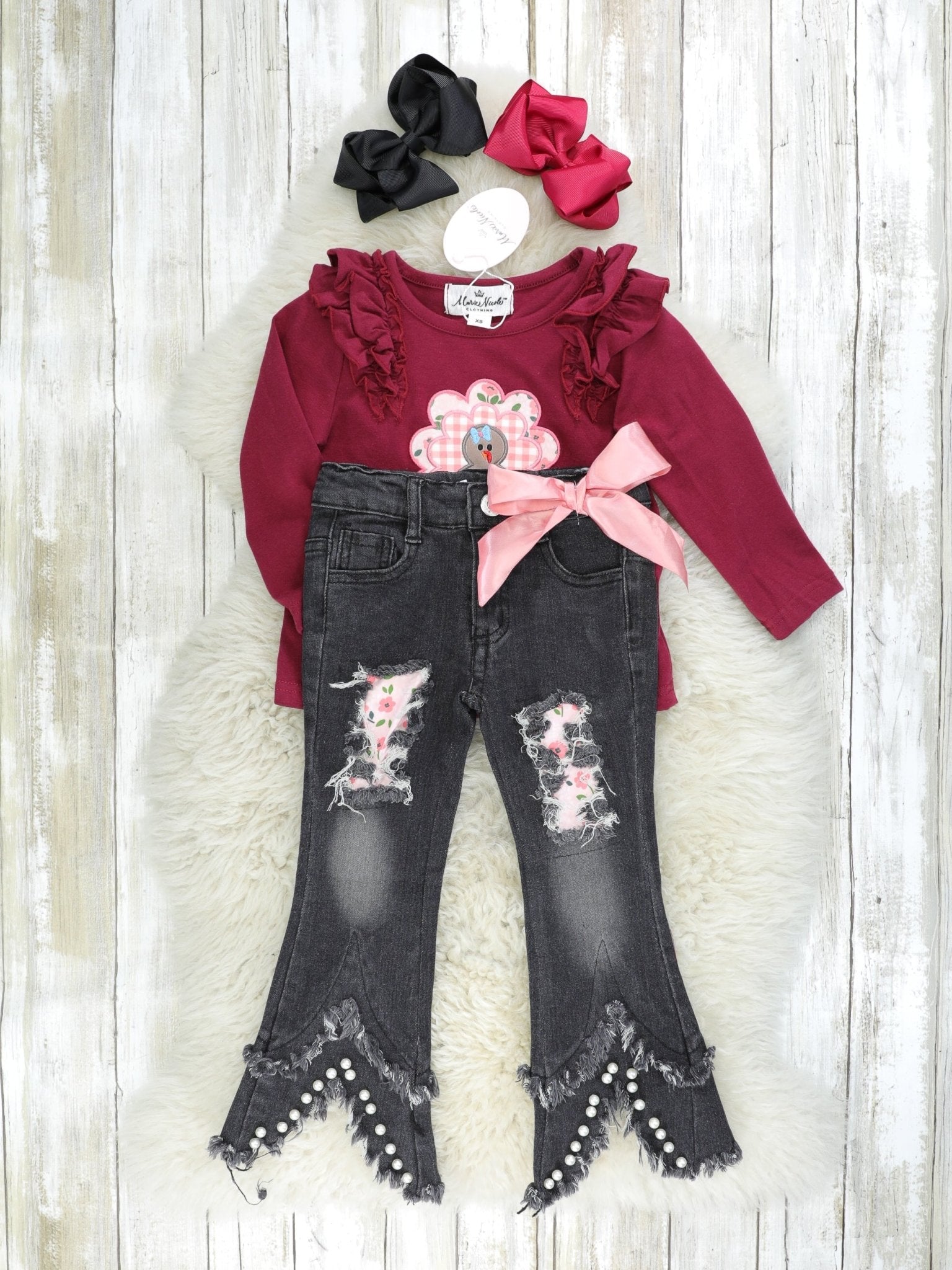 Burgundy Turkey Ruffle Top & Distressed Denim Outfit - Marie Nicole Clothing