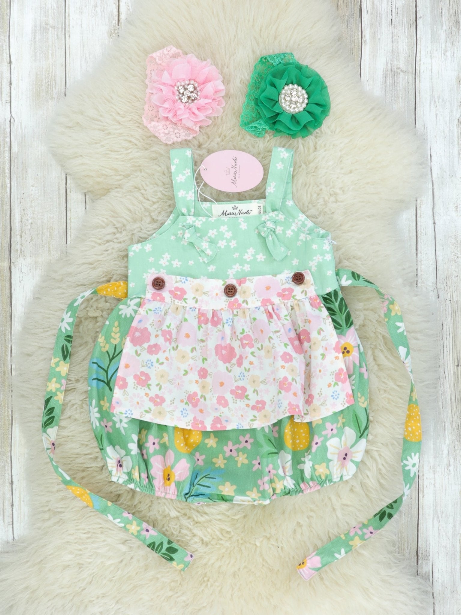 Green & Pink Floral Apron Romper - Marie Nicole Clothing