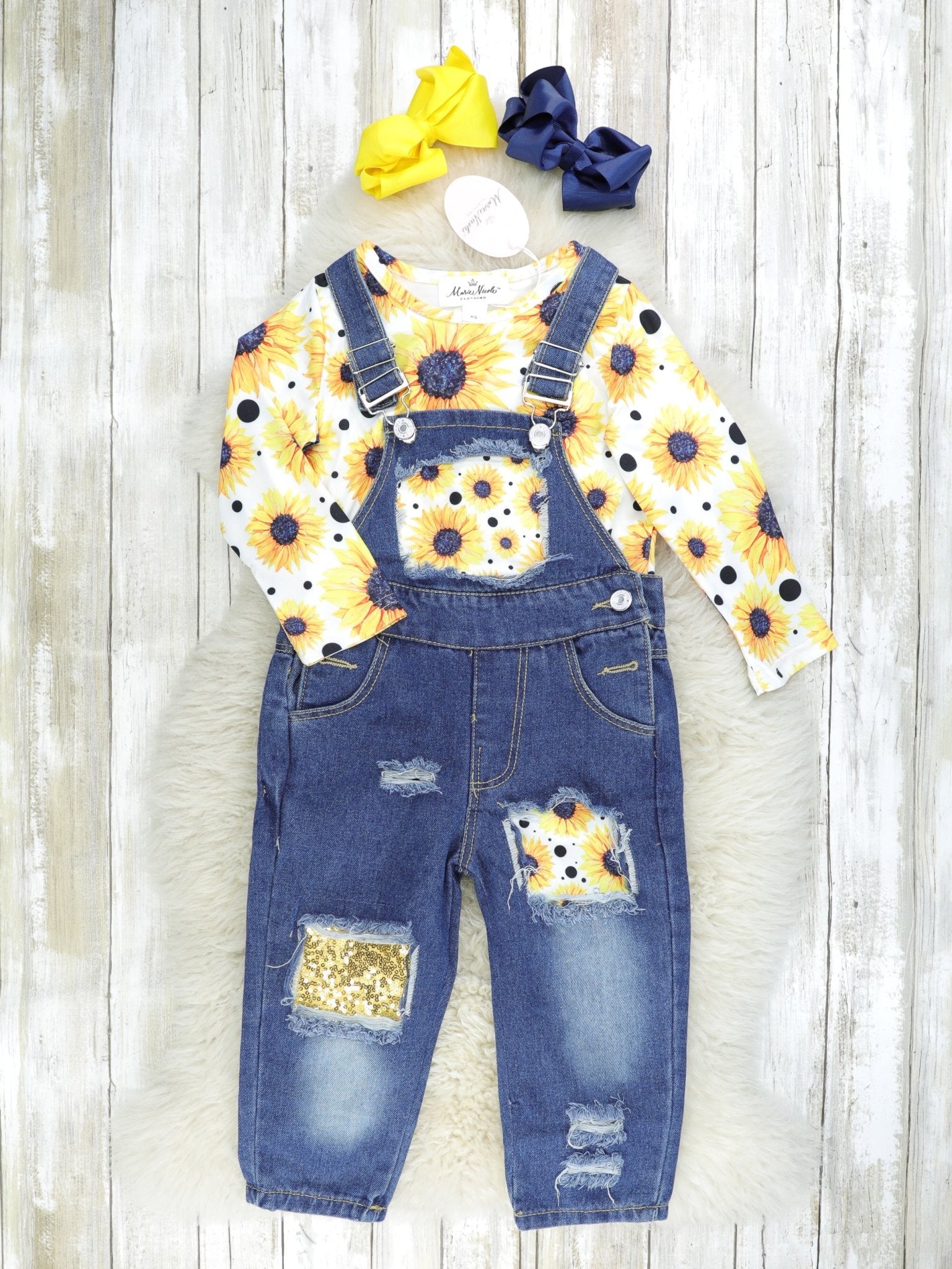 Sunflower Top & Distressed Denim Overall Set - Marie Nicole Clothing