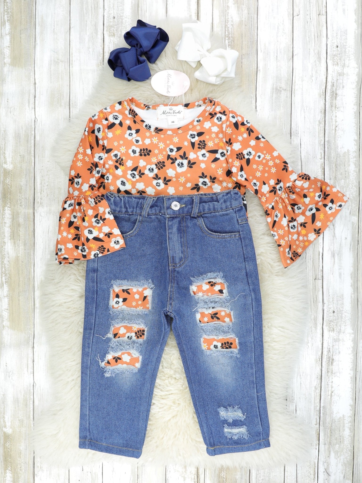 Orange & Black Floral Bell Sleeve Top & Distressed Denim Outfit - Marie Nicole Clothing