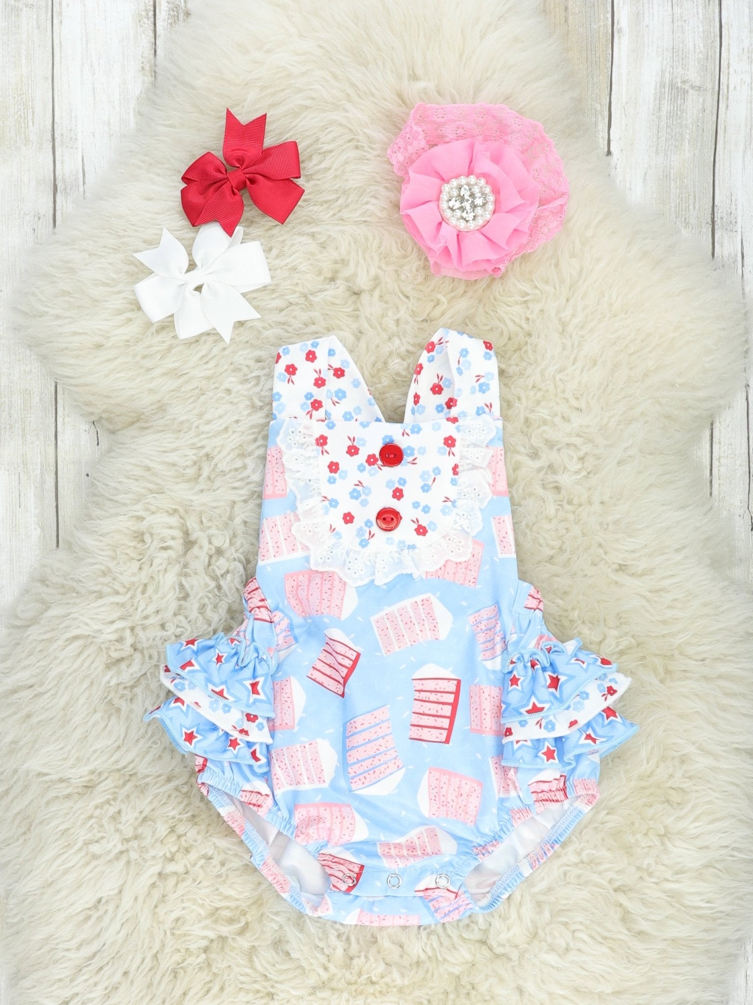 Patriotic Cake Ruffle Bubble Romper - Marie Nicole Clothing