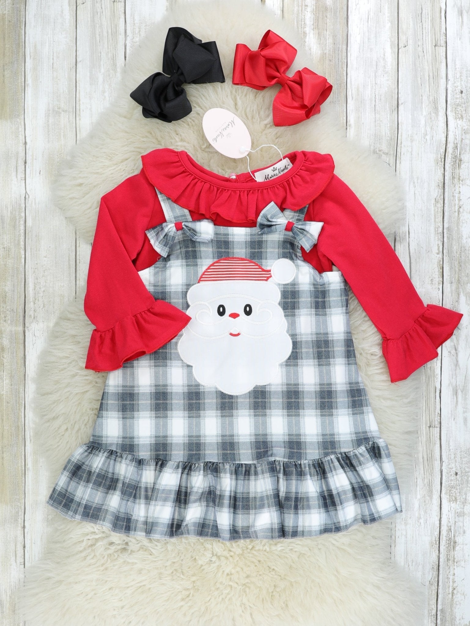 Black & White Plaid Santa Overall Dress Set - Marie Nicole Clothing