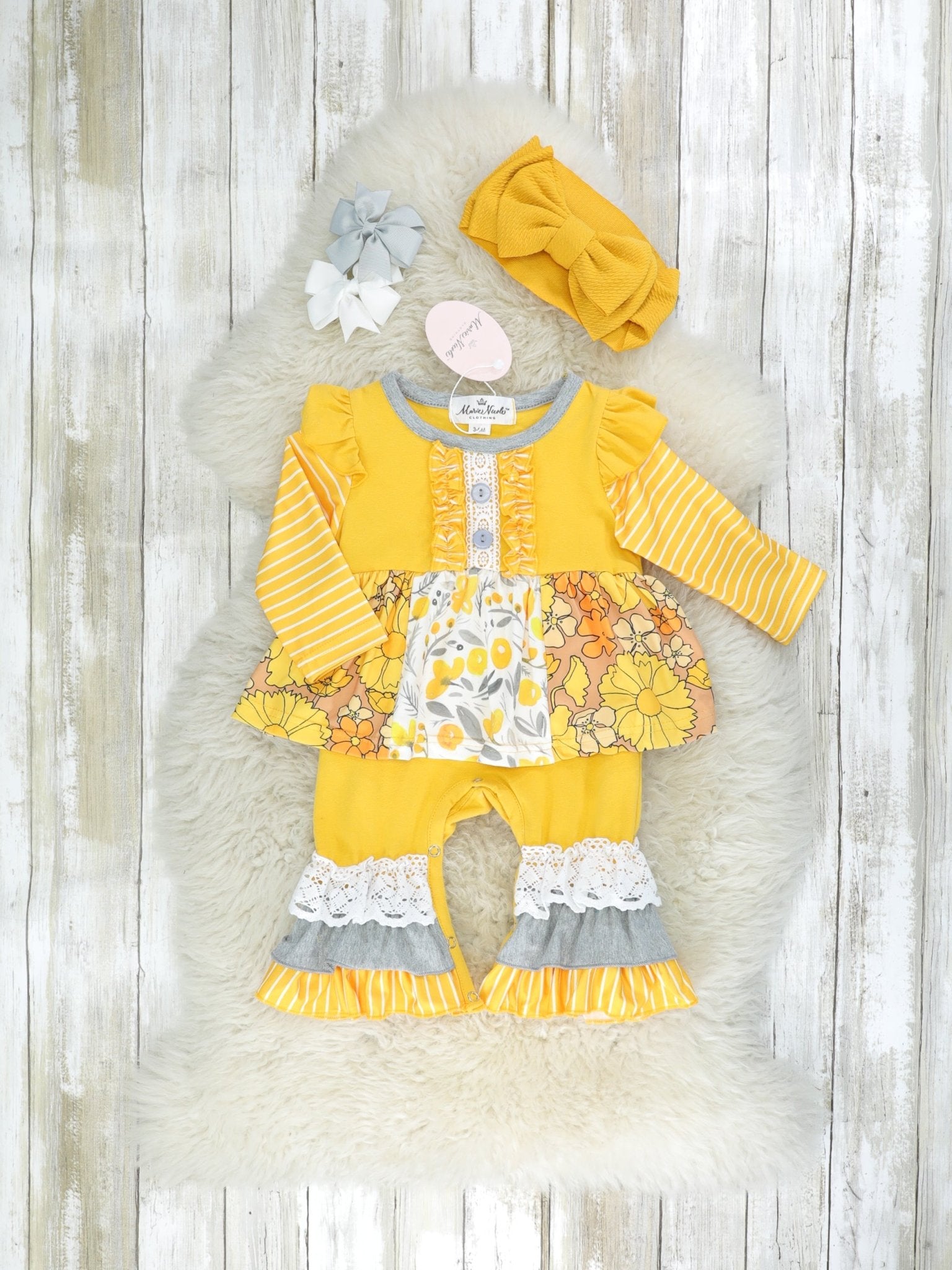 Grey & Mustard Floral Dressy Romper - Marie Nicole Clothing