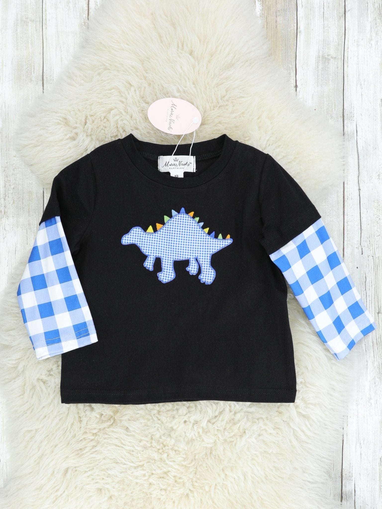 Blue Gingham Dinosaur Long Sleeve Shirt - Marie Nicole Clothing