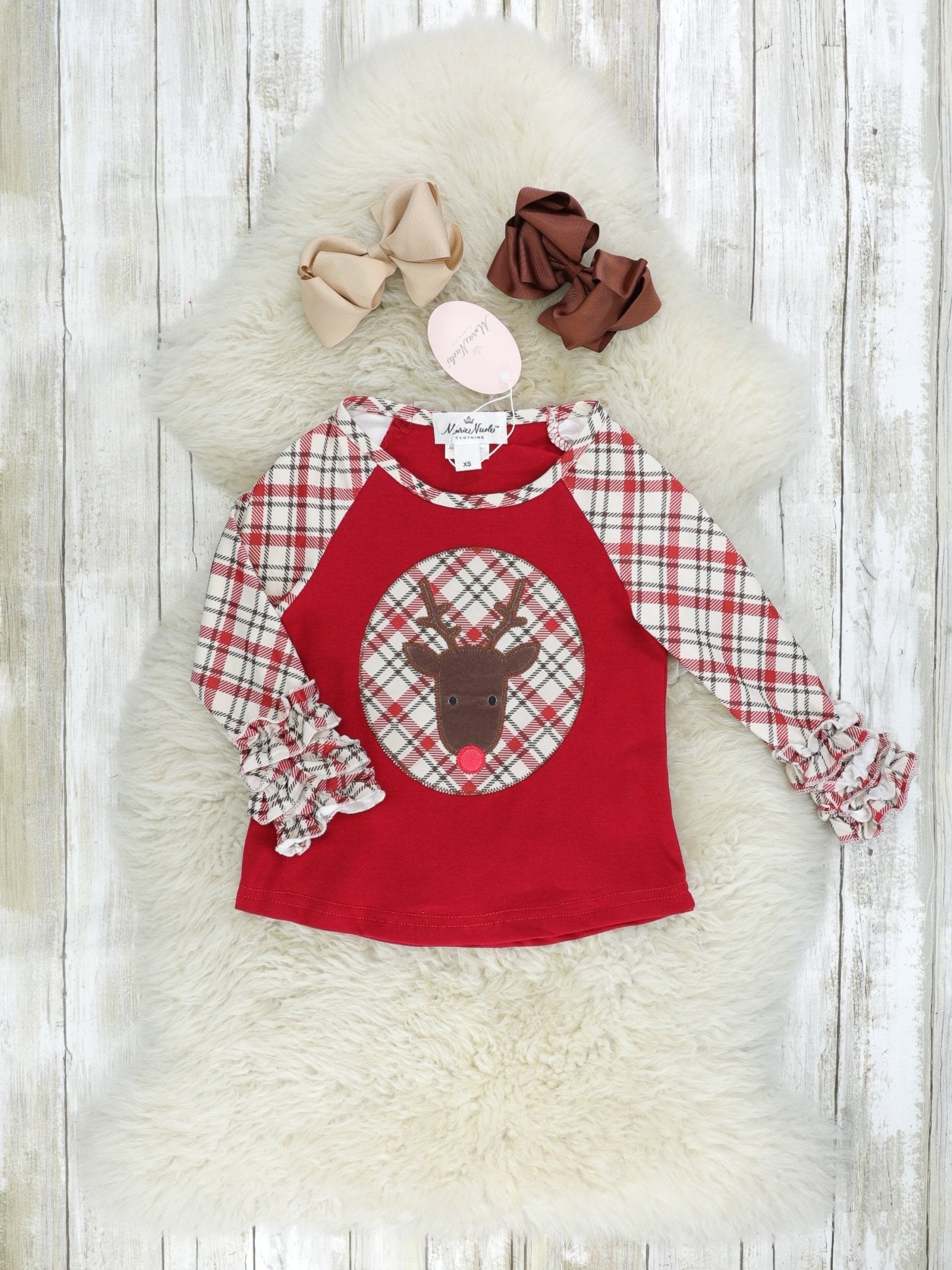 Red Plaid Reindeer Ruffle Shirt - Marie Nicole Clothing