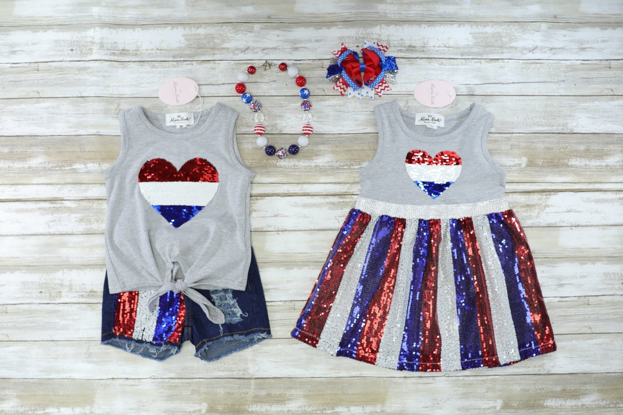 Red, White, & Blue Sequin Heart Dress - Marie Nicole Clothing