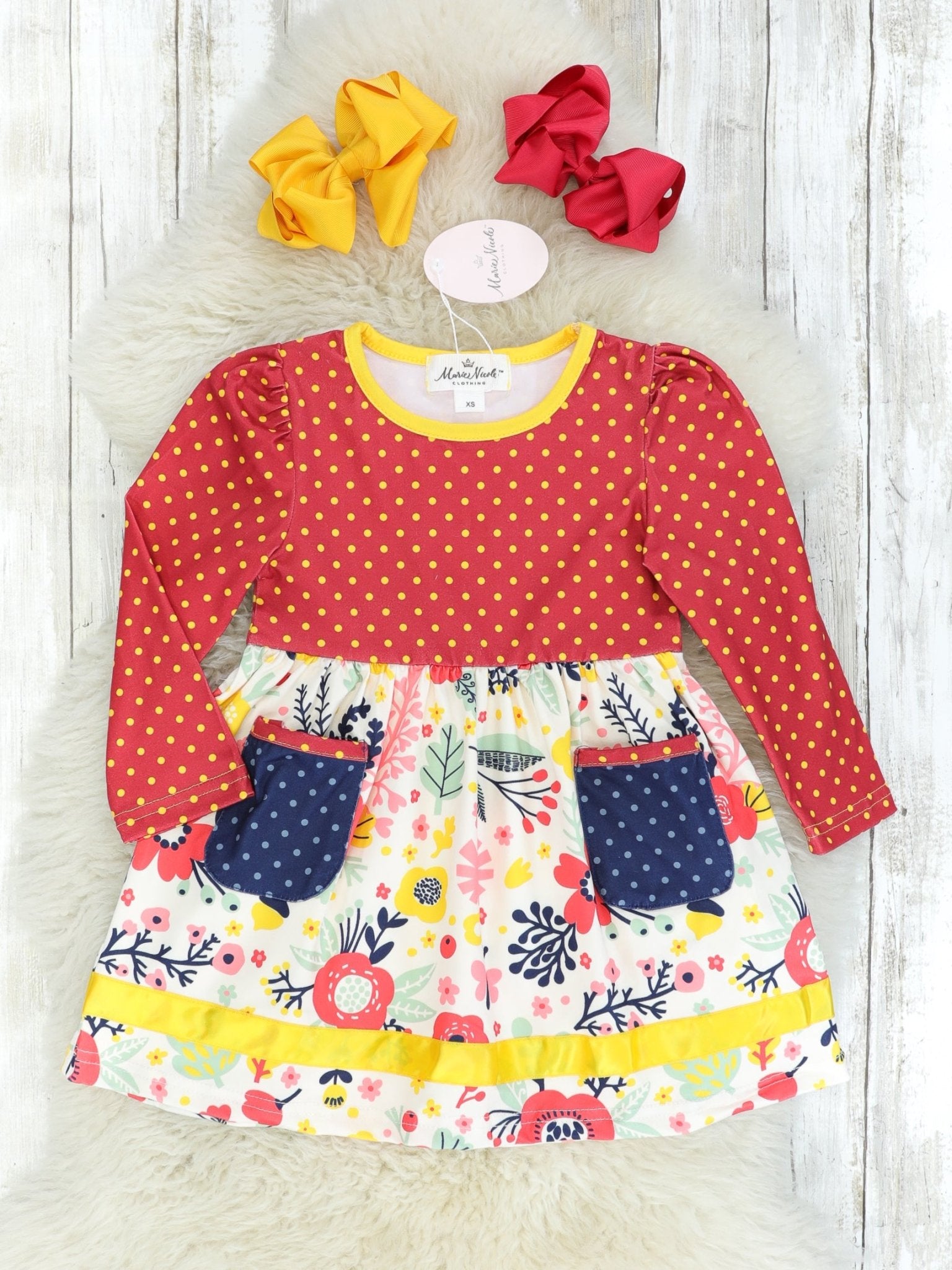 Mustard Polka Dot & Floral Pocketed Swing Dress - Marie Nicole Clothing
