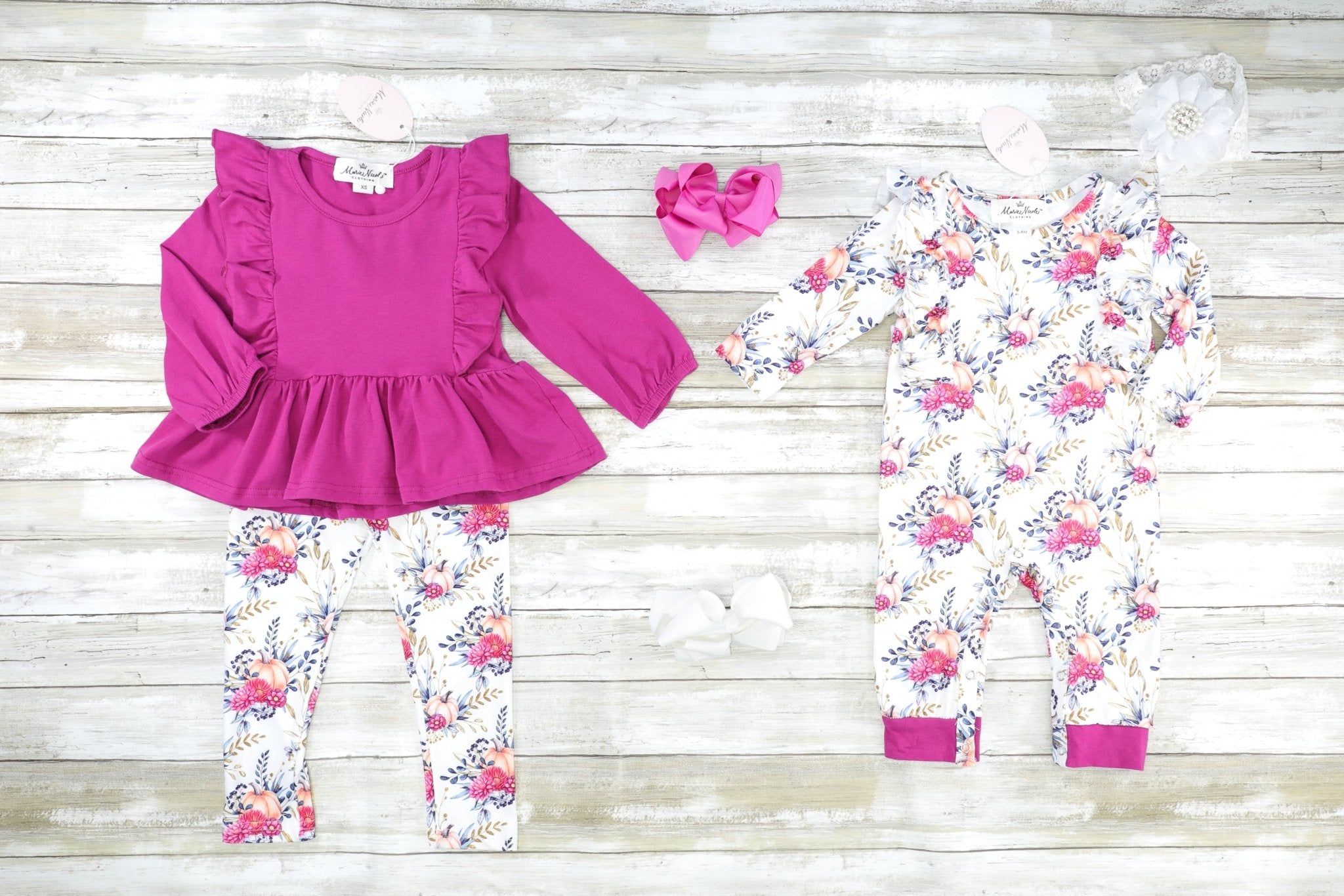 Dark Magenta Floral Pumpkin Ruffle Romper - Marie Nicole Clothing