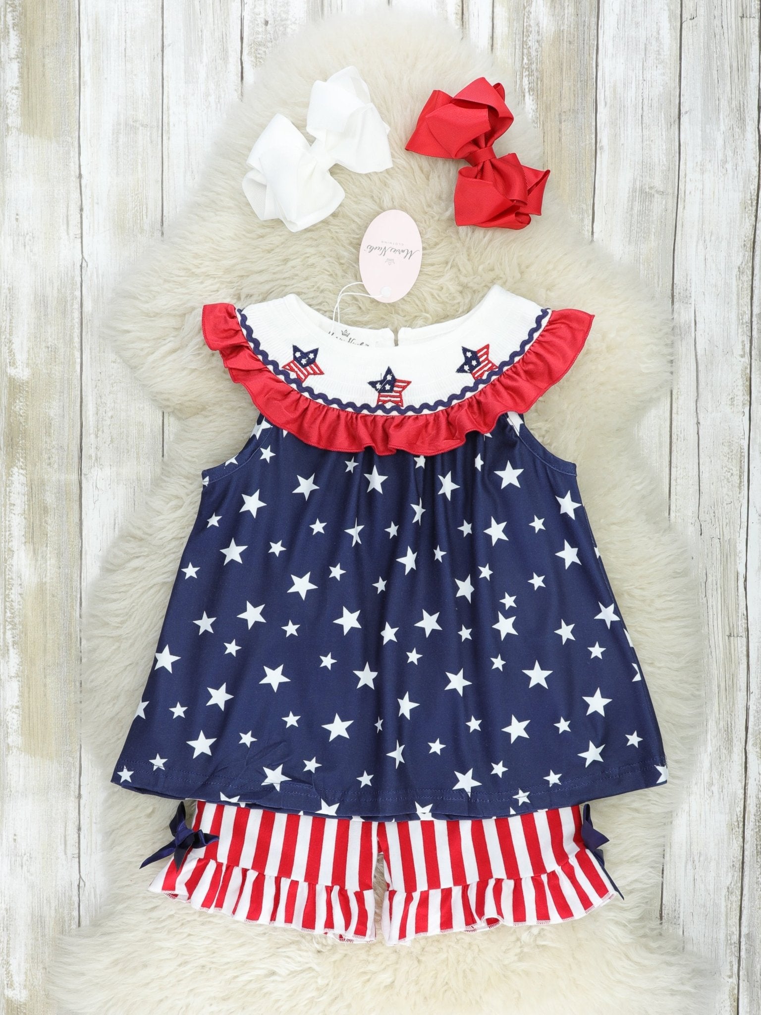 Stars & Stripes Smocked Ruffle Outfit - Marie Nicole Clothing