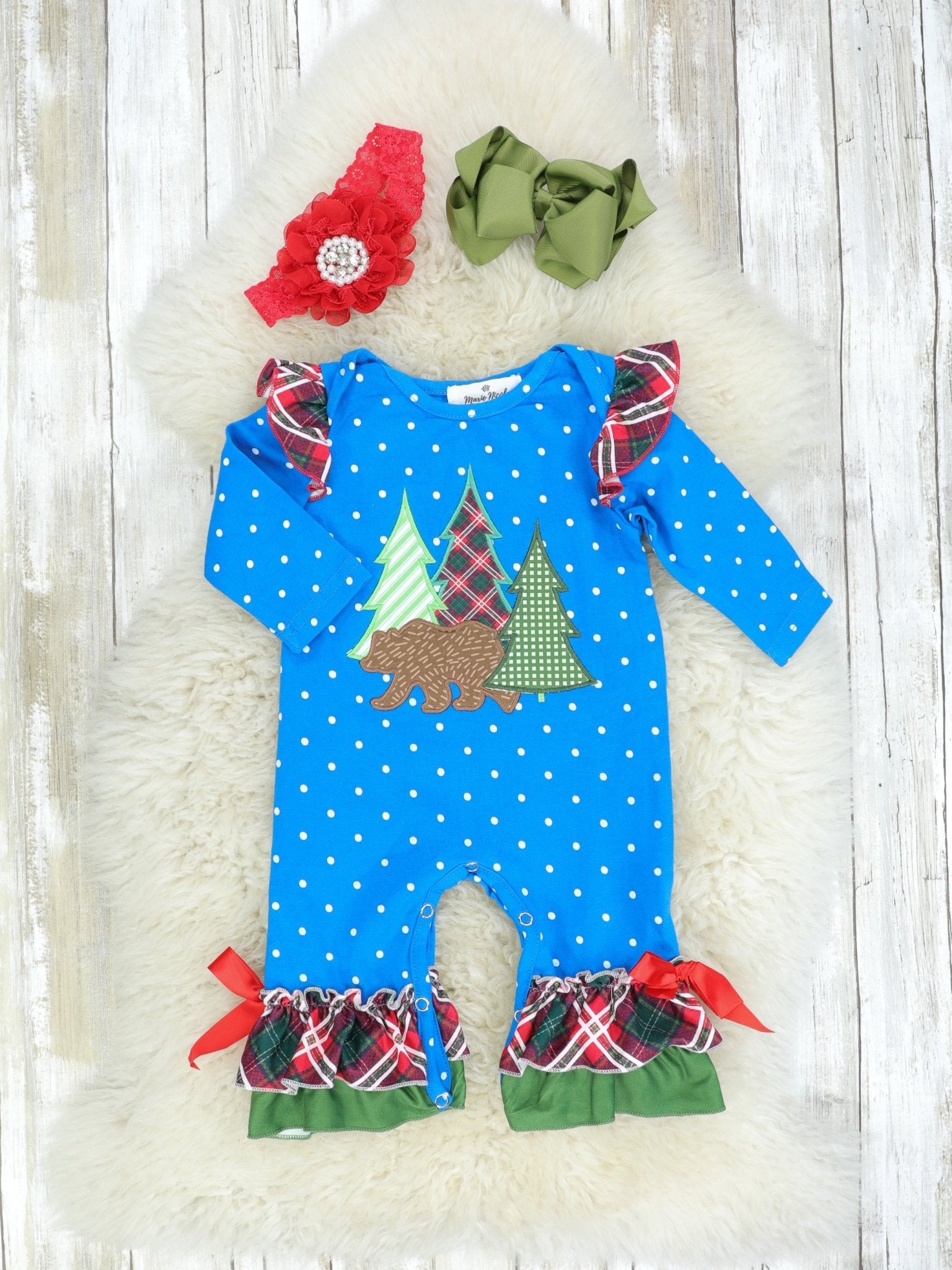 Blue Bear Polka Dot Ruffle Romper - Marie Nicole Clothing