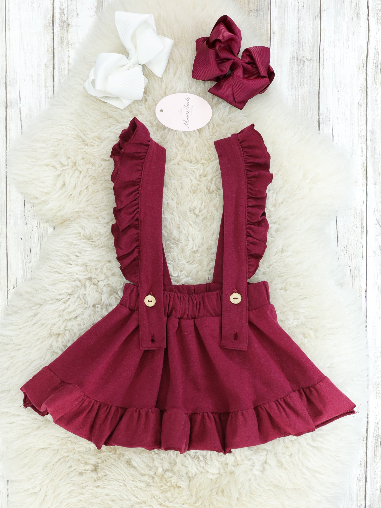 Burgundy & White Suspender Skirt Set - Marie Nicole Clothing