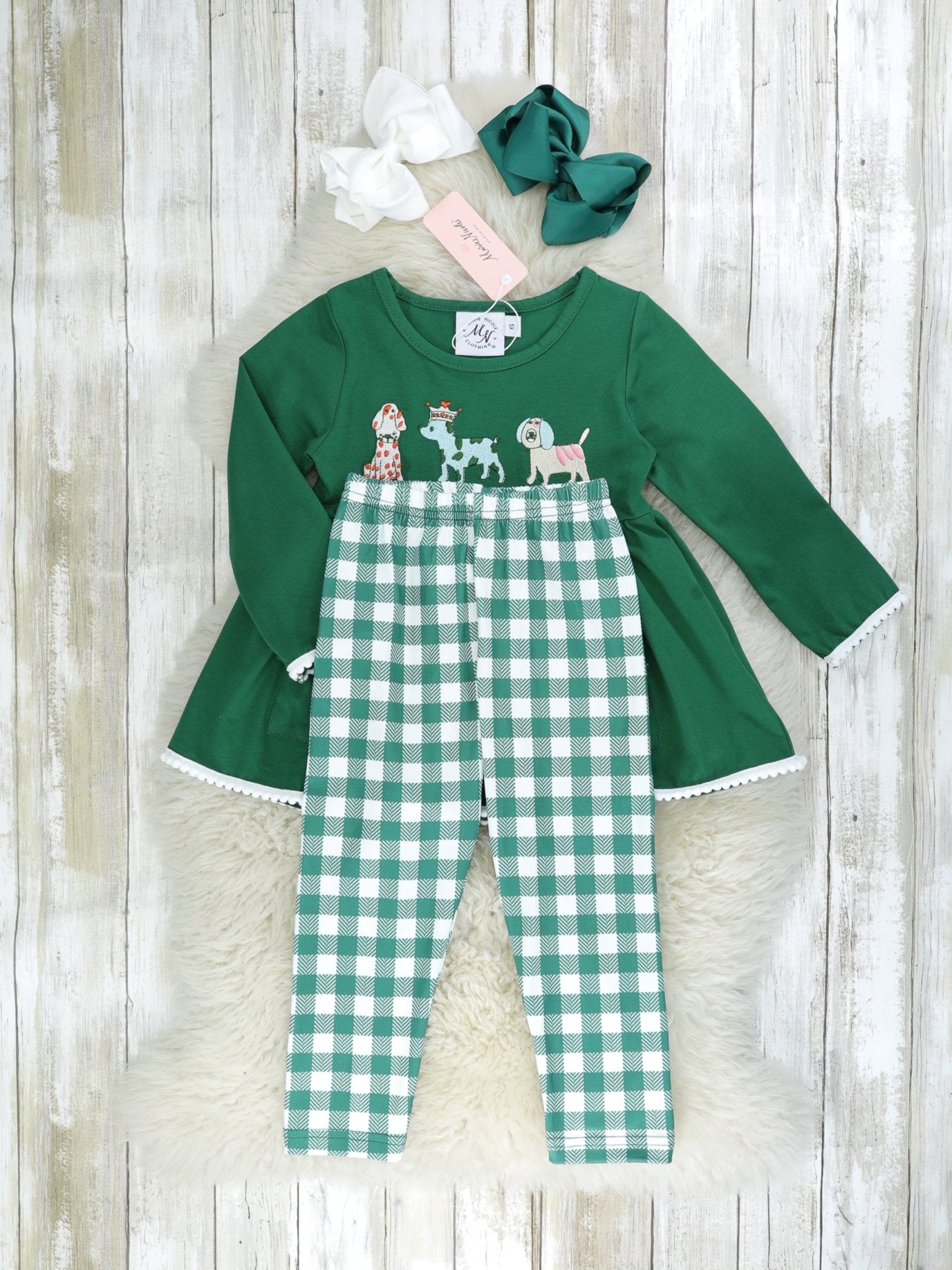 MNC Royal Pups™ Green Gingham Pocket Outfit - Marie Nicole Clothing