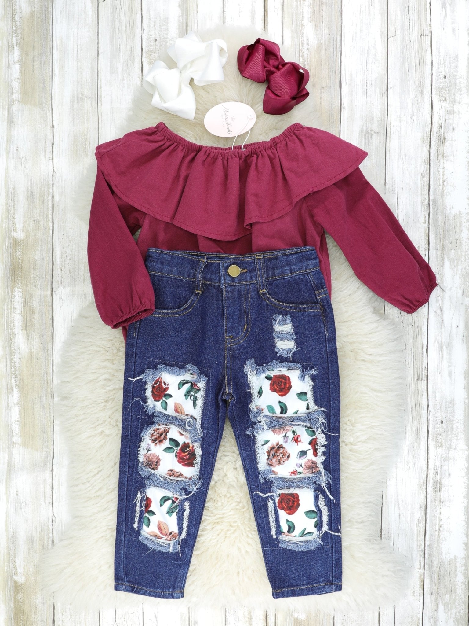 Burgundy Ruffle Neck Blouse & Floral Distressed Denim Outfit - Marie Nicole Clothing