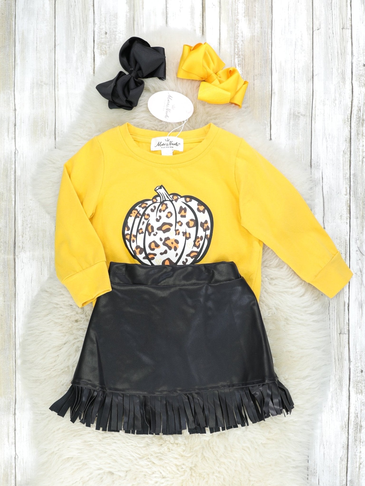 Yellow Leopard Pumpkin Top & Fringe Leather Skirt Outfit - Marie Nicole Clothing