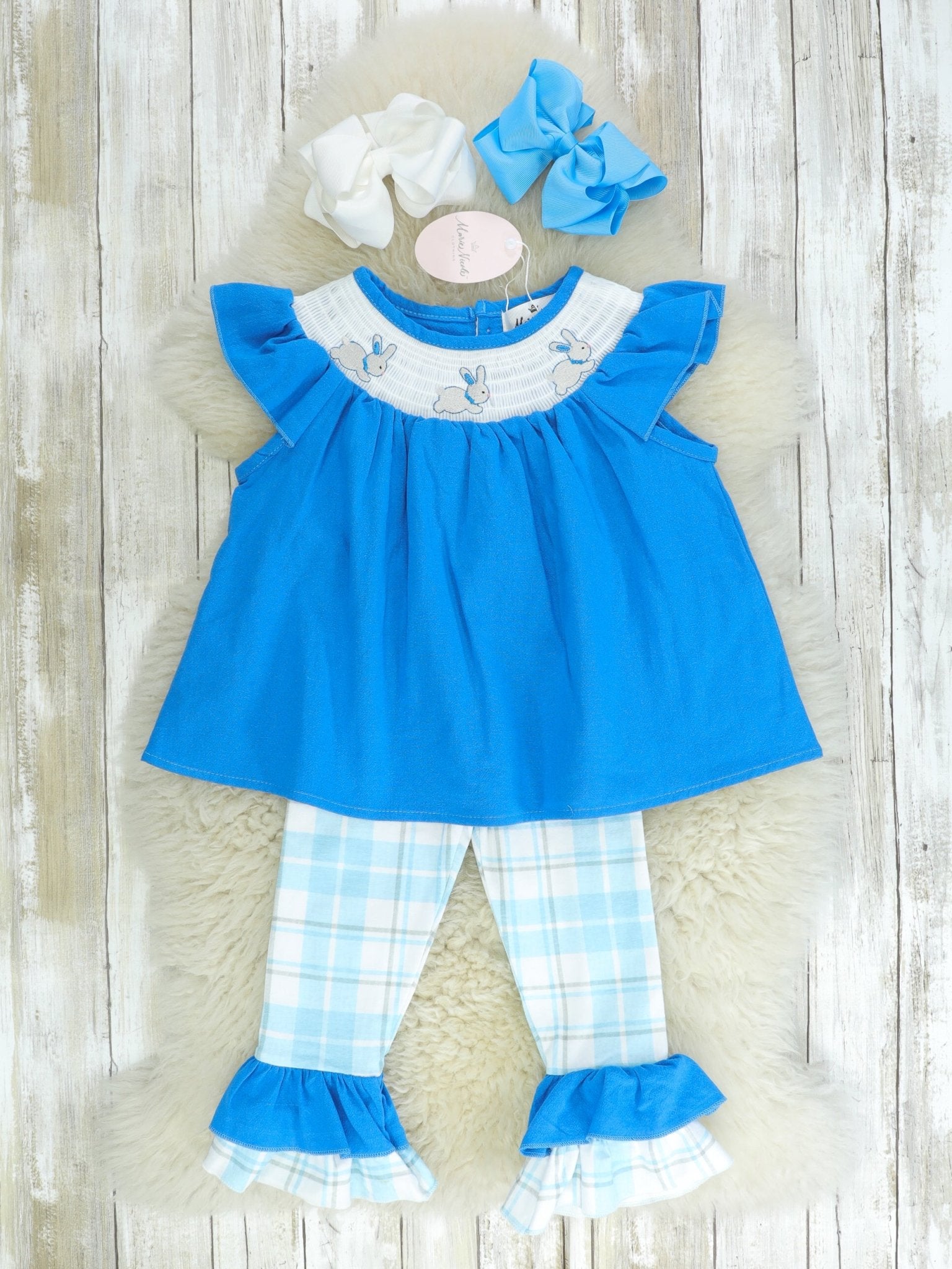 Blue Smocked Easter Bunny Ruffle Outfit - Marie Nicole Clothing
