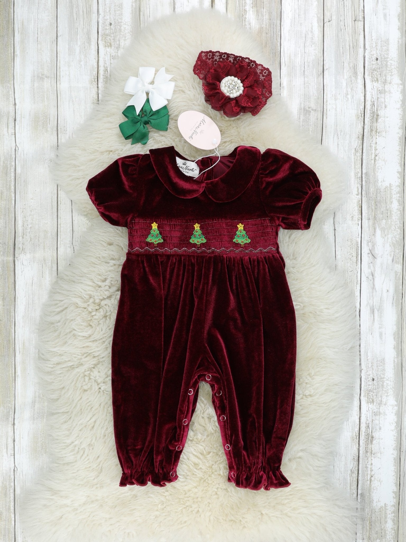 Burgundy Smocked Christmas Tree Romper - Marie Nicole Clothing