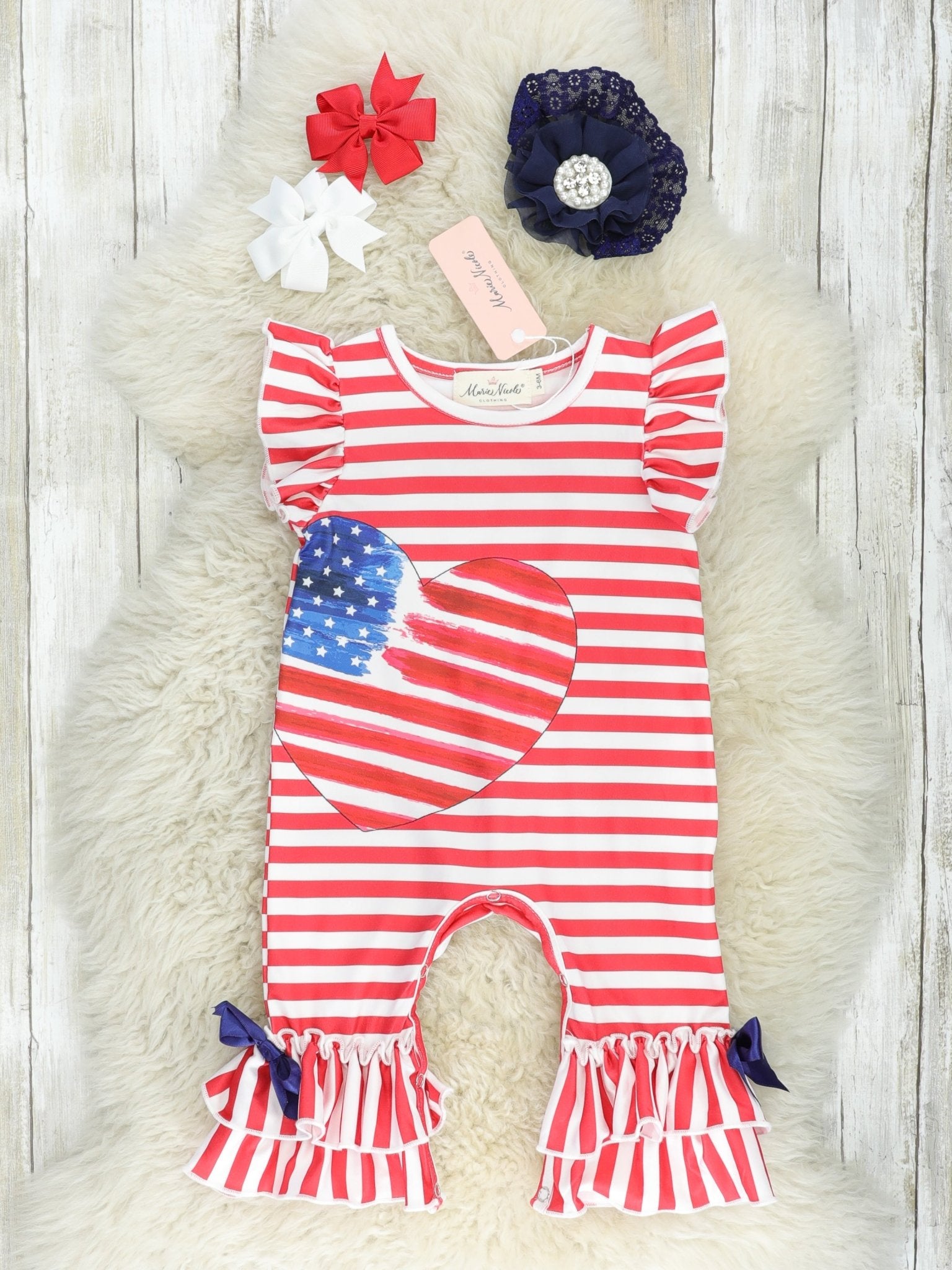 Patriotic Stripe Heart Ruffle Romper - Marie Nicole Clothing
