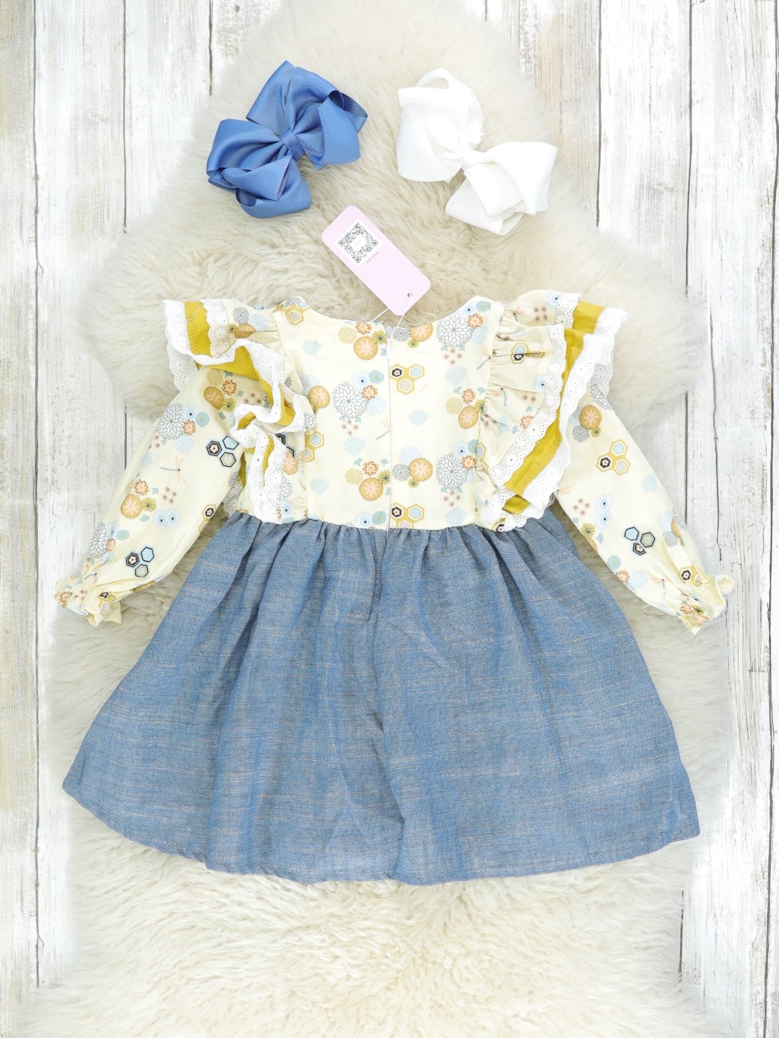Pale Yellow Chambray Ruffle Pocket Dress - Marie Nicole Clothing