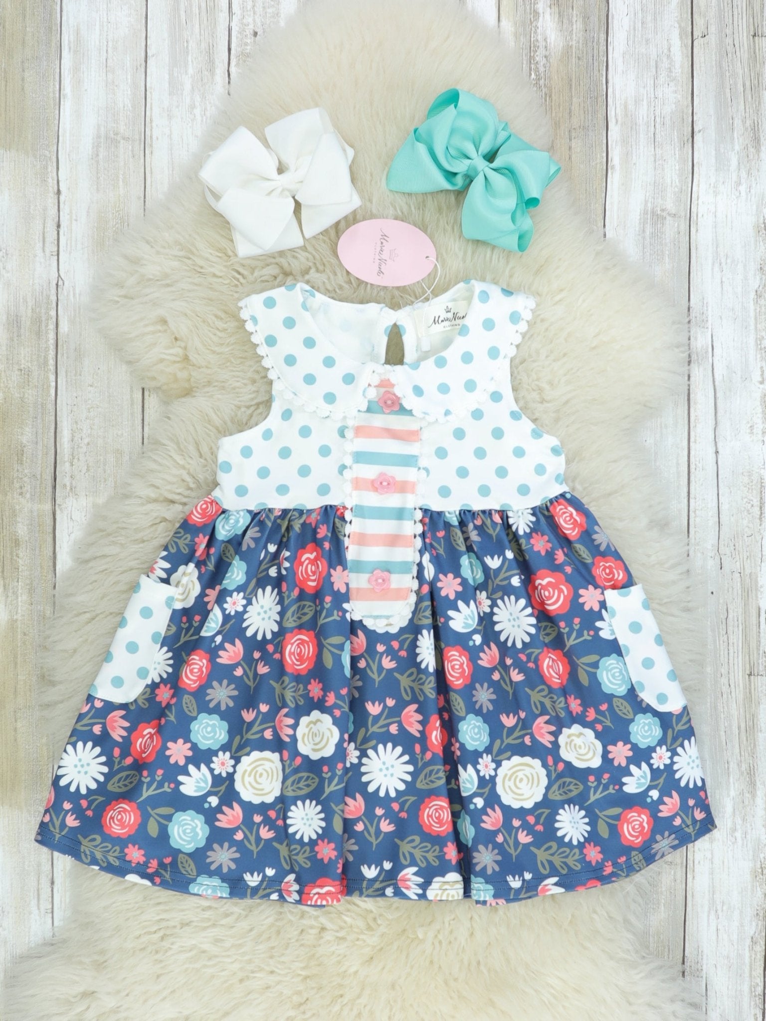 Navy Floral Polka Dotted Dress - Marie Nicole Clothing