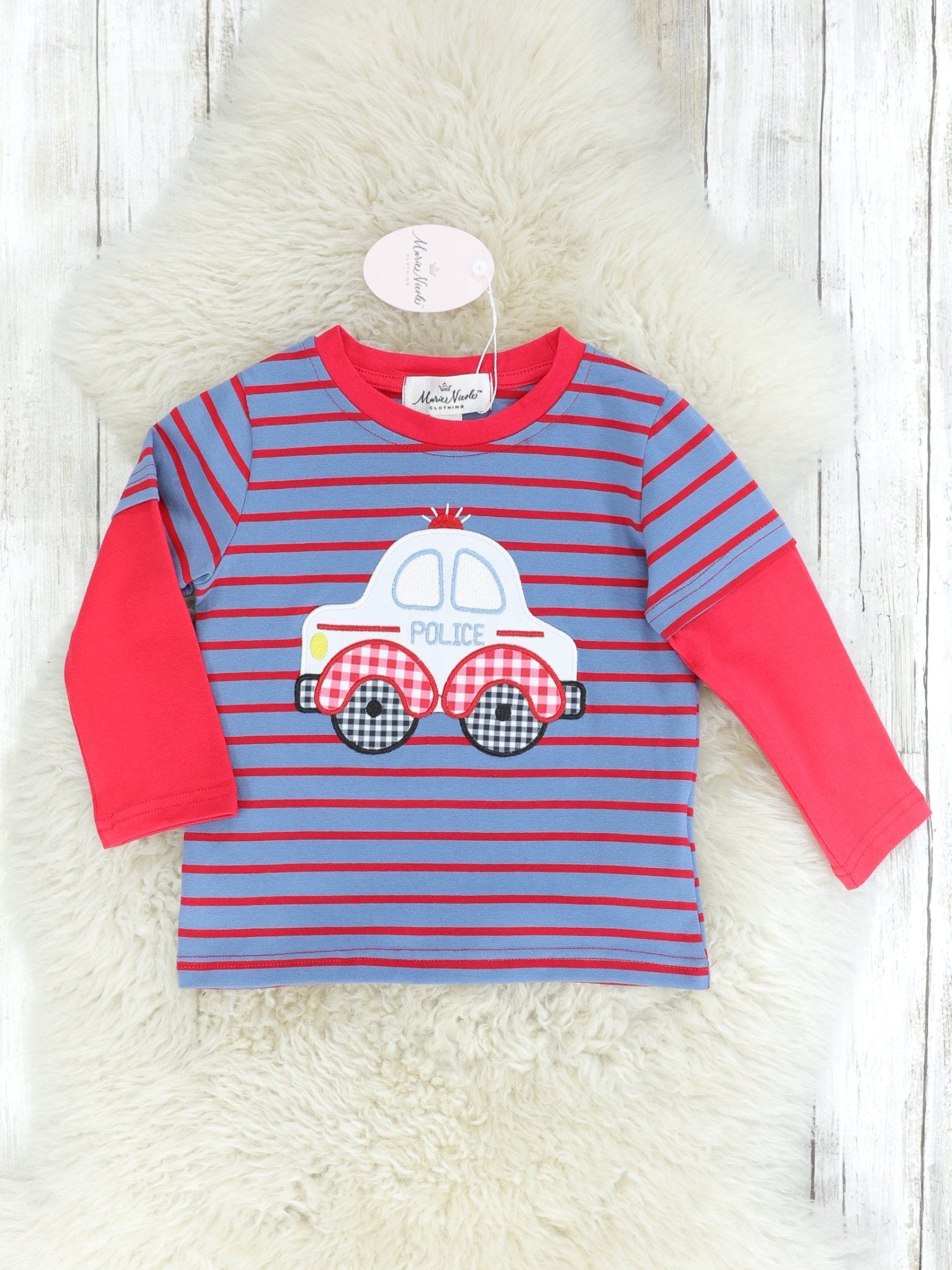 Blue & Red Striped Police Car Shirt - Marie Nicole Clothing