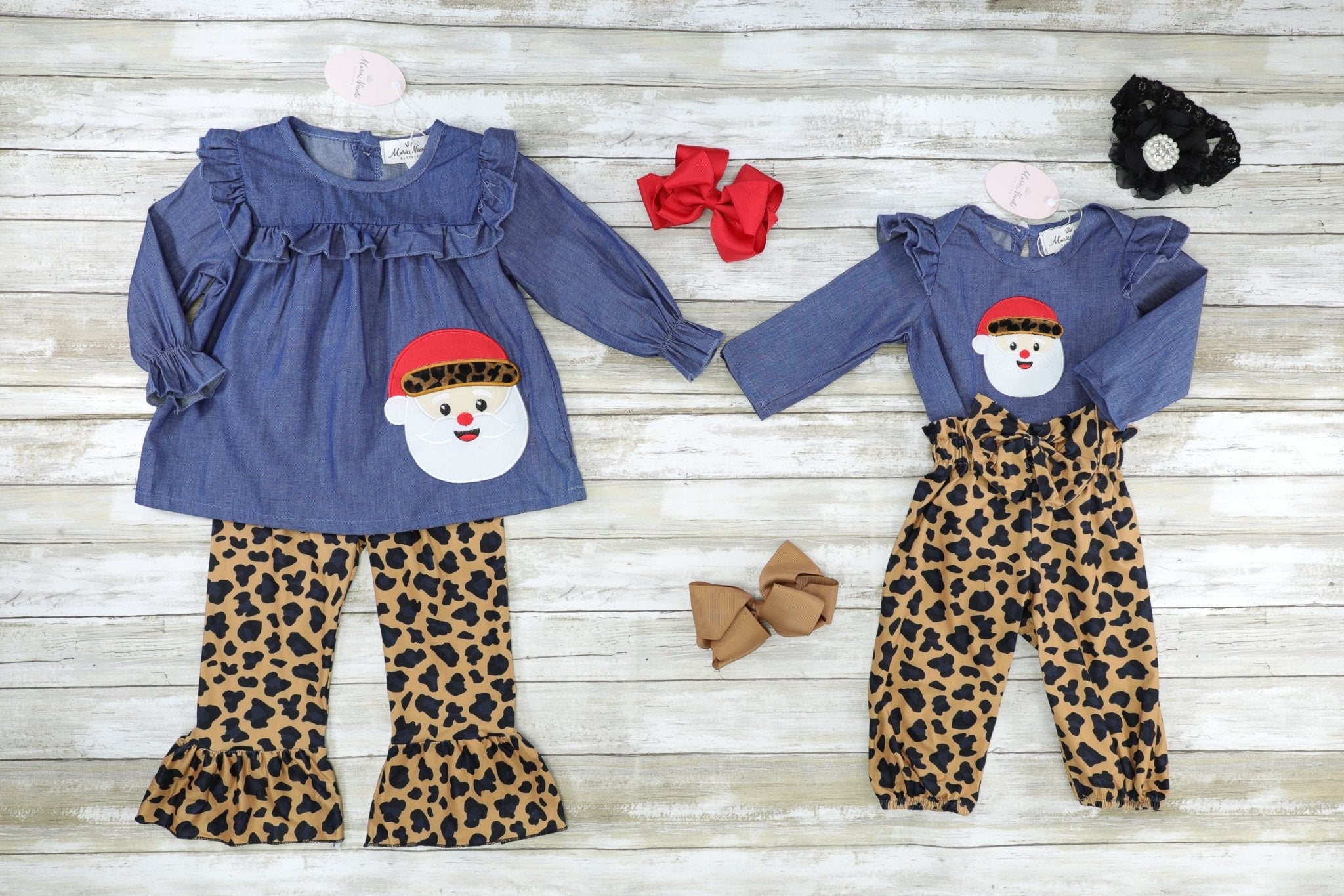 Chambray Leopard Santa Ruffle Outfit - Marie Nicole Clothing