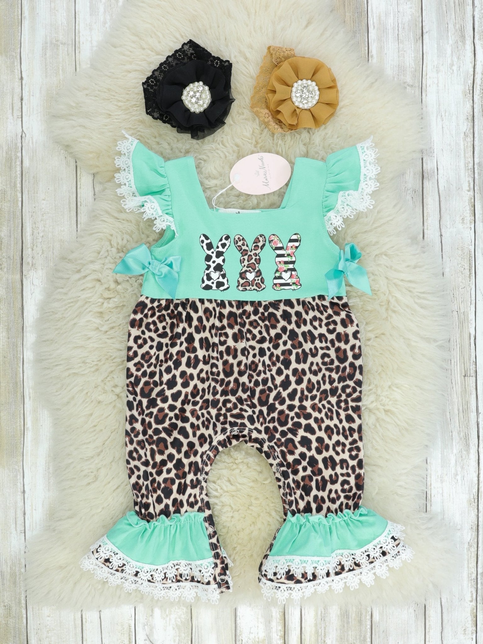 Mint Leopard Bunnies Ruffle Romper - Marie Nicole Clothing
