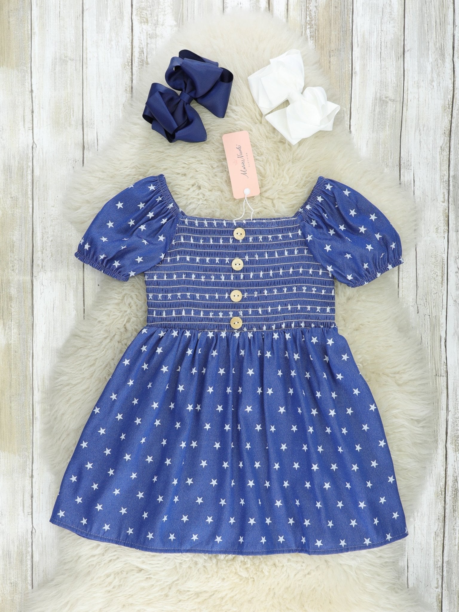 Navy Smocked Little Star Dress - Marie Nicole Clothing