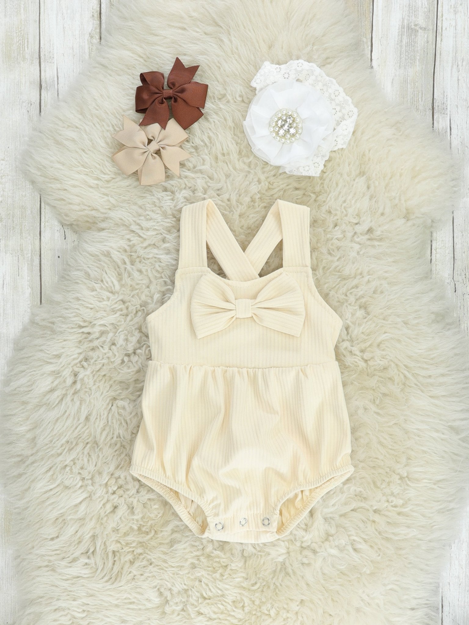 Cream Bow Bubble Romper - Marie Nicole Clothing
