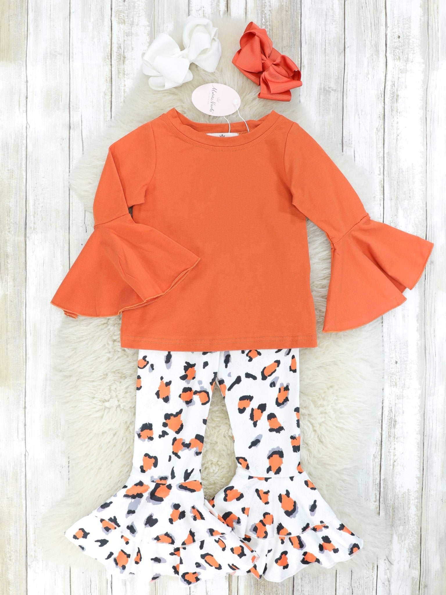 Burnt Orange Bell Sleeve Top & Leopard Ruffle Bell Bottoms - Marie Nicole Clothing
