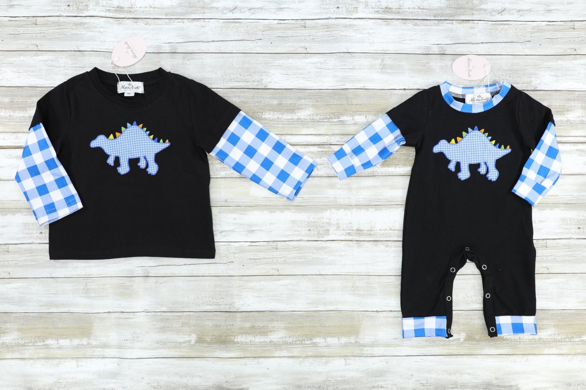 Blue Gingham Dinosaur Long Sleeve Shirt - Marie Nicole Clothing