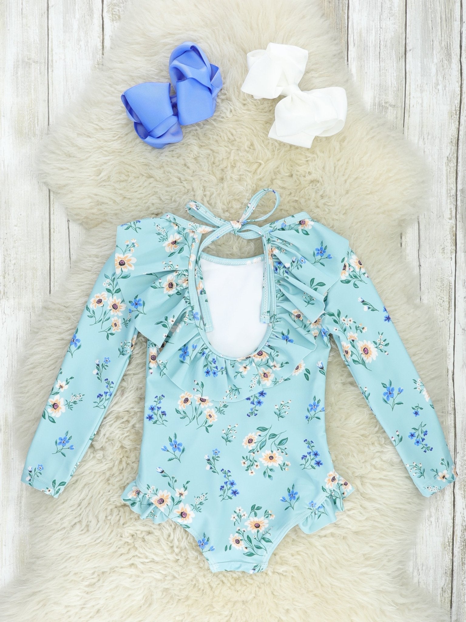 Sky Blue Floral Ruffle Rash Guard Swimsuit - Marie Nicole Clothing