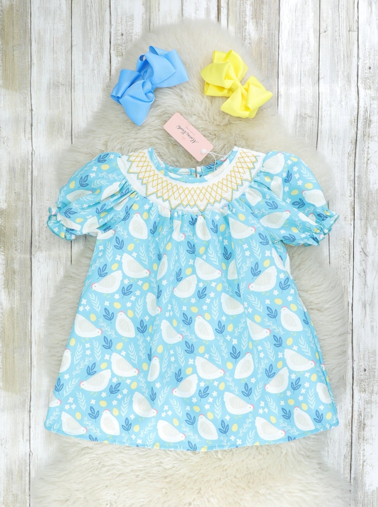 Sky Blue Smocked Chicken Dress - Marie Nicole Clothing