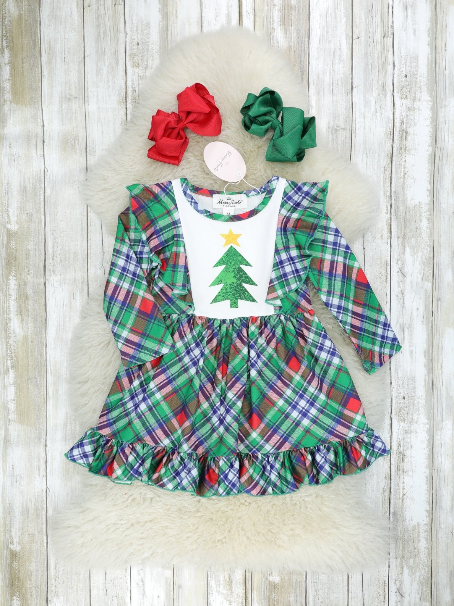 Green Plaid Christmas Tree Ruffle Dress - Marie Nicole Clothing