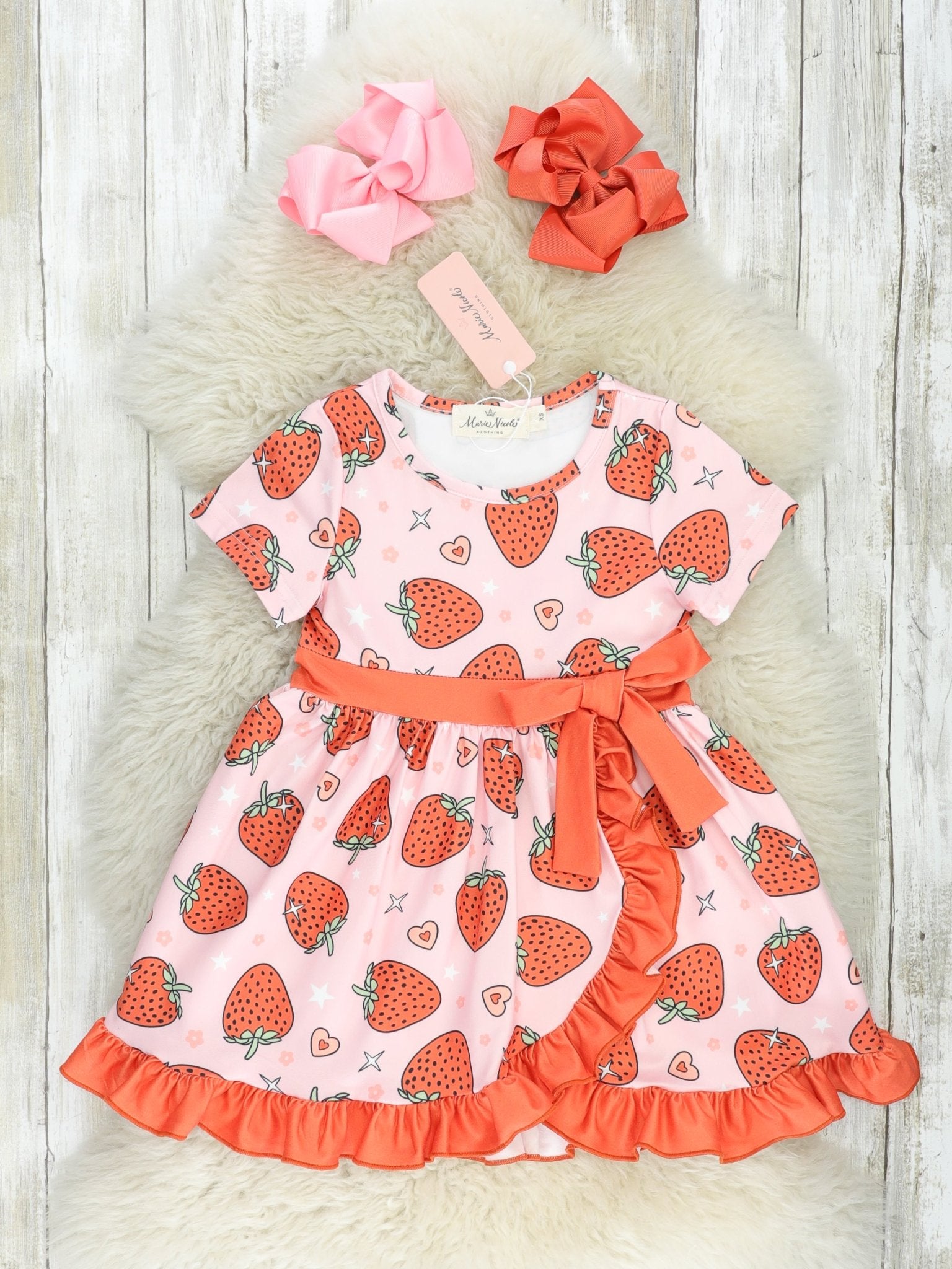 Pink & Red Strawberry Ruffle Dress - Marie Nicole Clothing