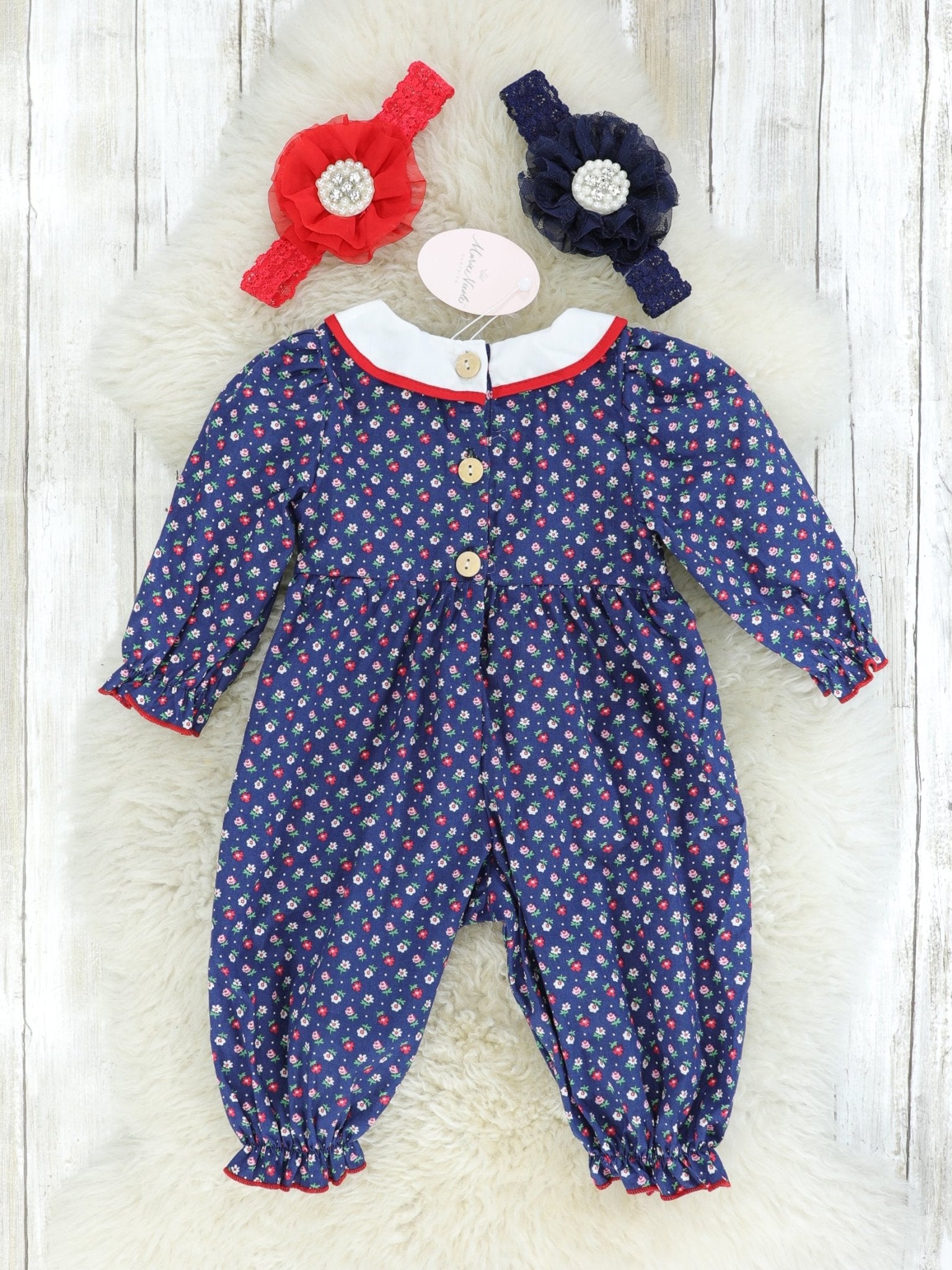 Navy Vintage Floral Smocked Romper - Marie Nicole Clothing
