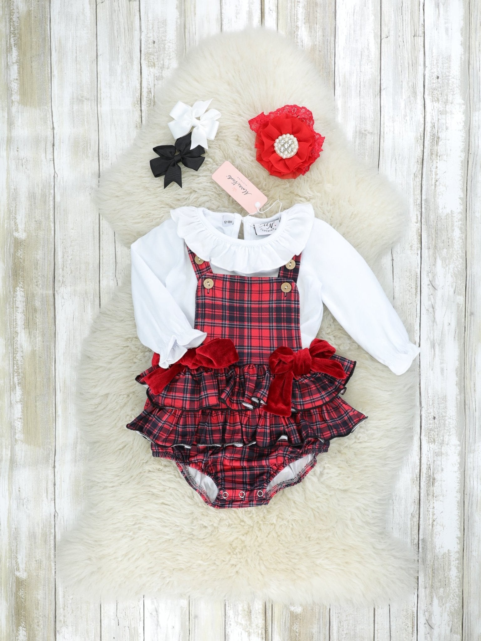 Plaid Bow Overall Ruffle Romper Set - Marie Nicole Clothing