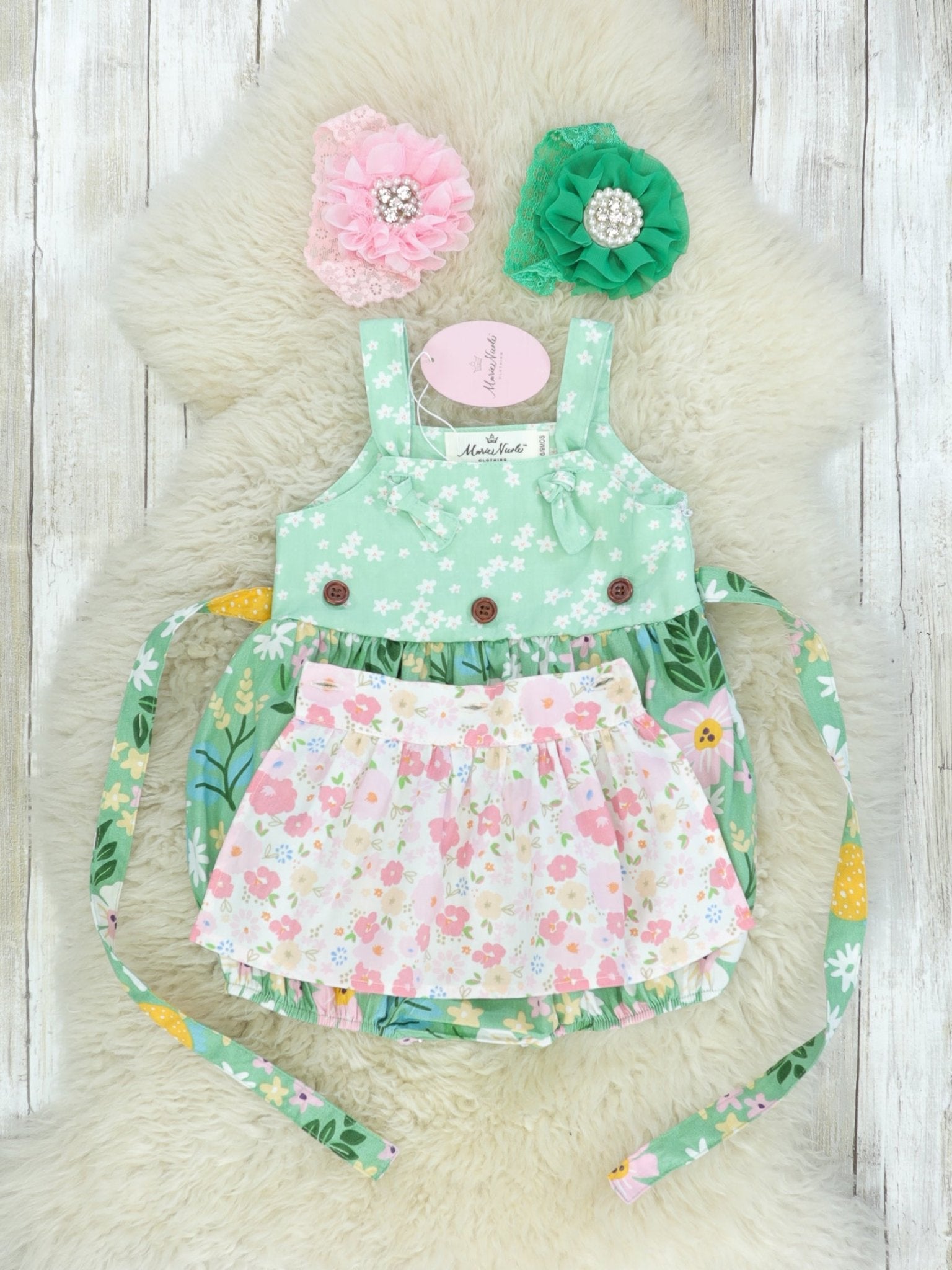 Green & Pink Floral Apron Romper - Marie Nicole Clothing