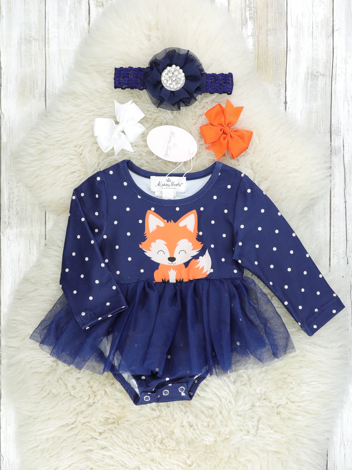 Navy Polka Dot Fox Tulle Dress Bubble Romper - Marie Nicole Clothing
