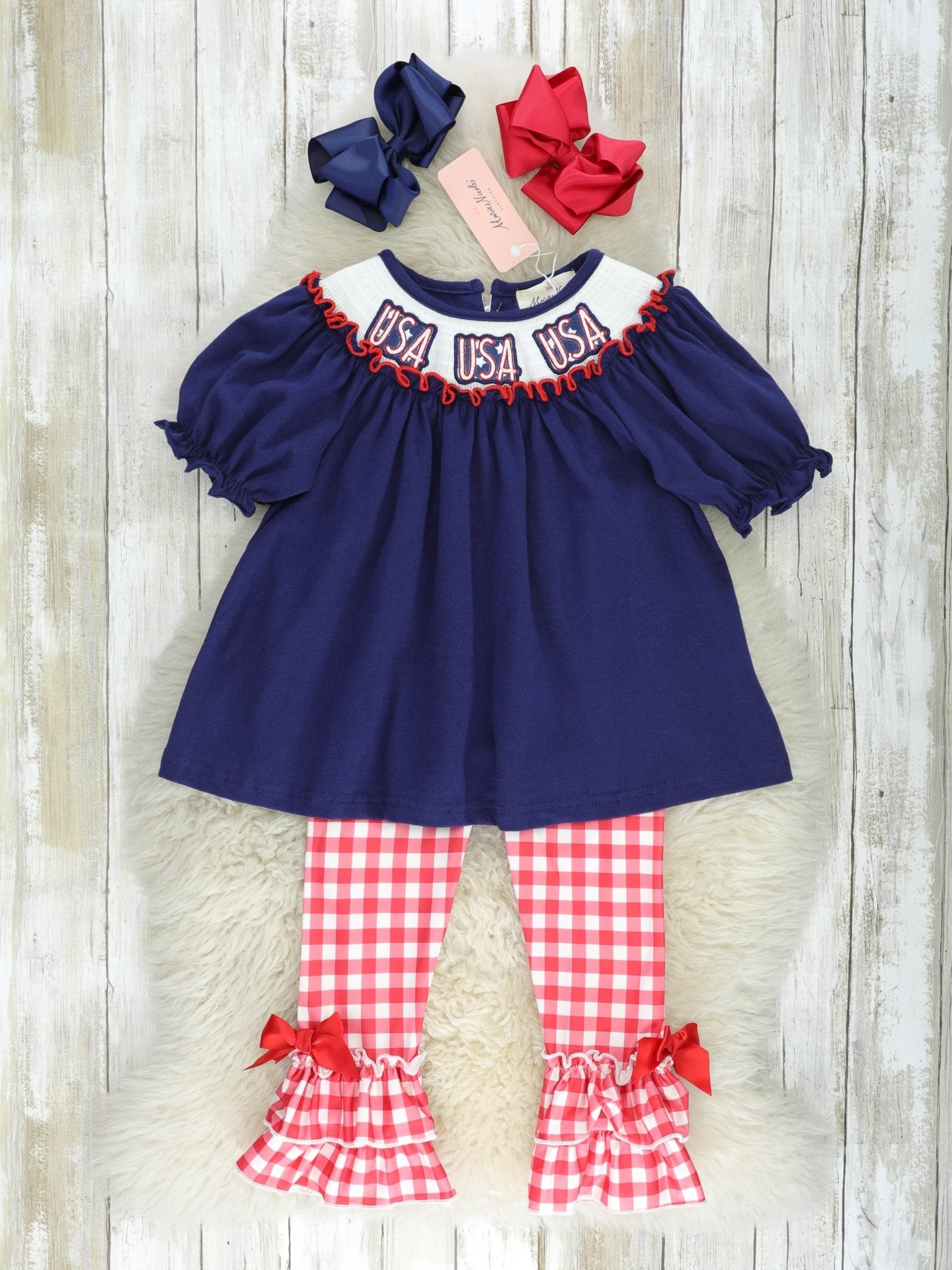 "USA" Smocked Gingham Outfit - Marie Nicole Clothing