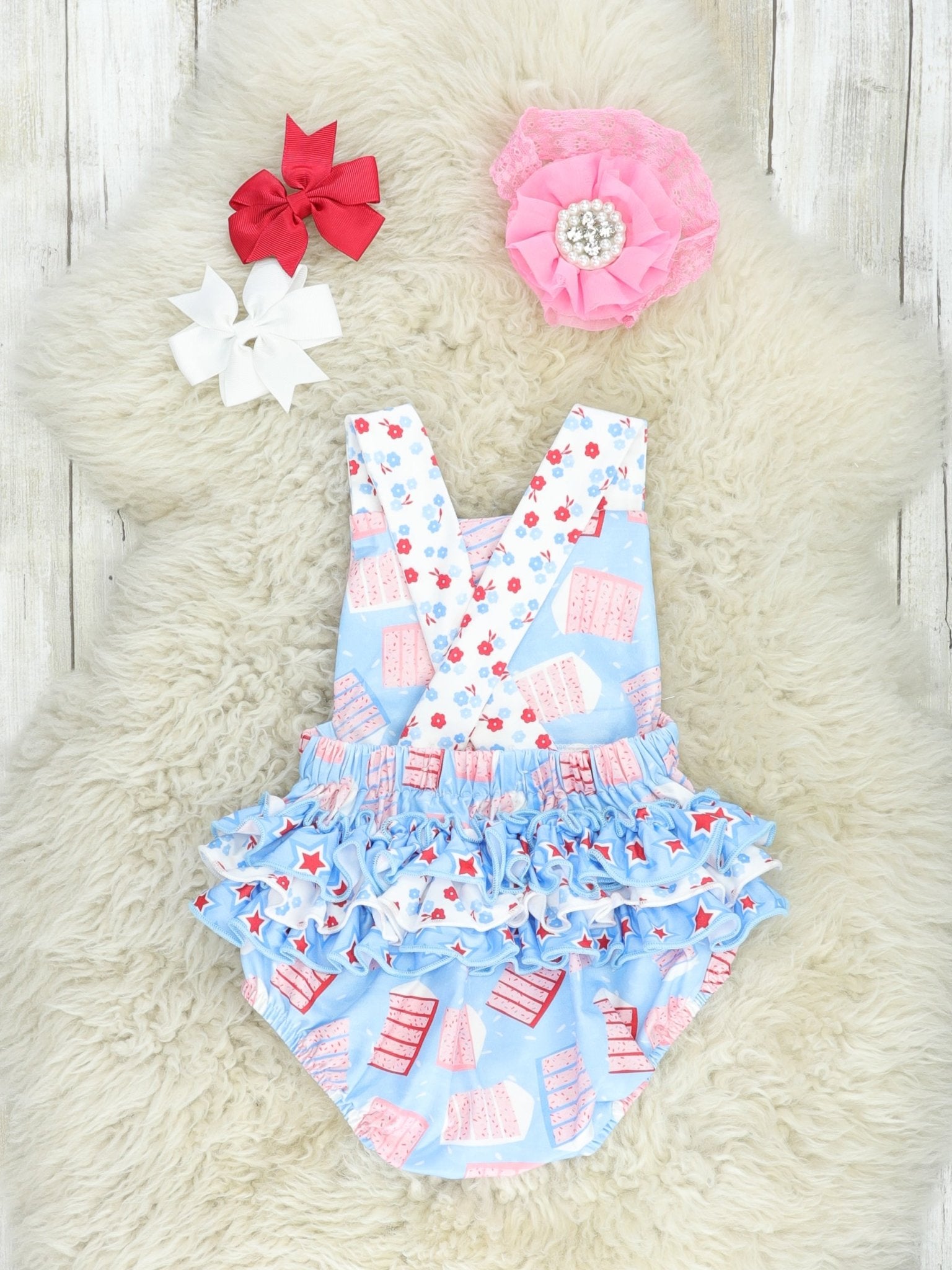 Patriotic Cake Ruffle Bubble Romper - Marie Nicole Clothing