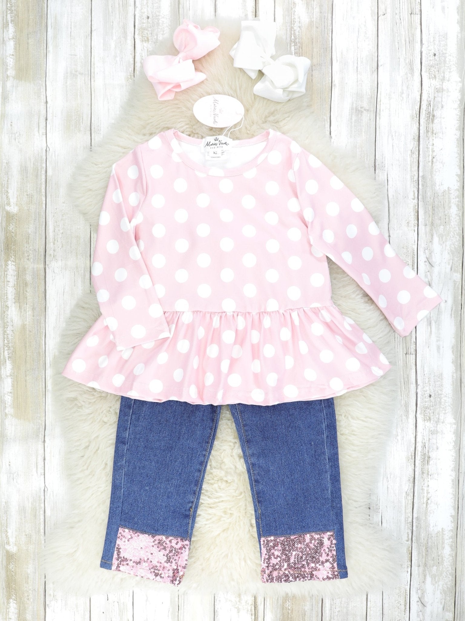 Pink Polka Dot Ruffle Top & Denim Sequin Outfit - Marie Nicole Clothing