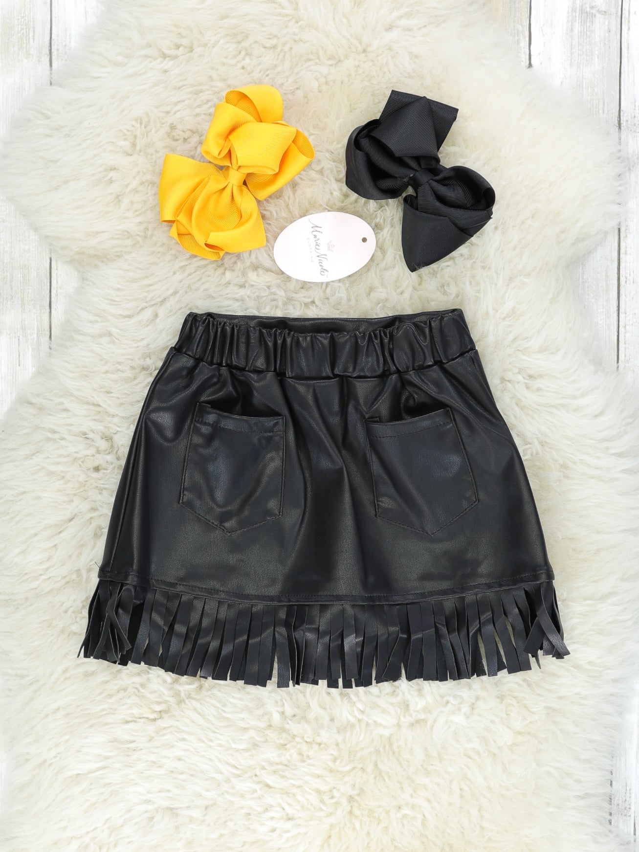 Yellow Leopard Pumpkin Top & Fringe Leather Skirt Outfit - Marie Nicole Clothing