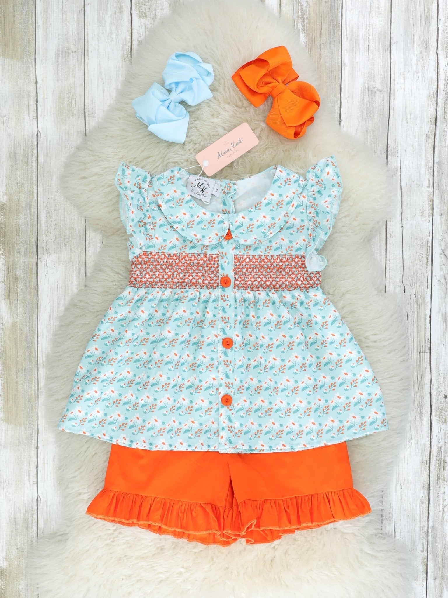 Blue & Orange Smocked Vintage Daisy Ruffle Outfit - Marie Nicole Clothing