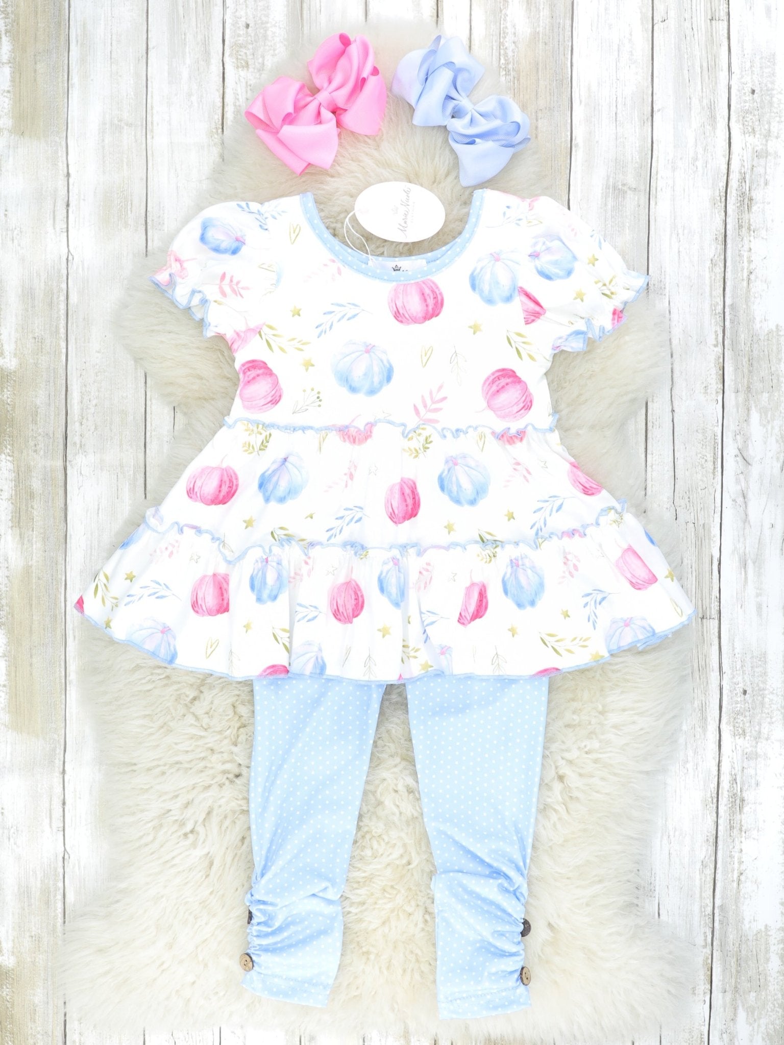 Pink & Blue Pumpkin Tiered Ruffle Top & Polka Dot Bottoms Outfit - Marie Nicole Clothing