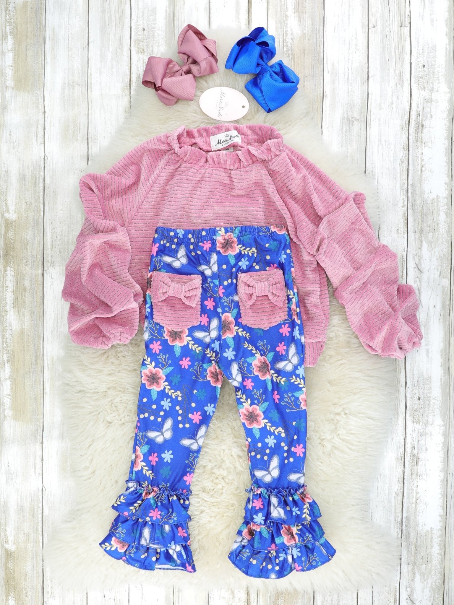 Fuchsia Velvet Tie Top & Floral Ruffle Bottoms Outfit - Marie Nicole Clothing
