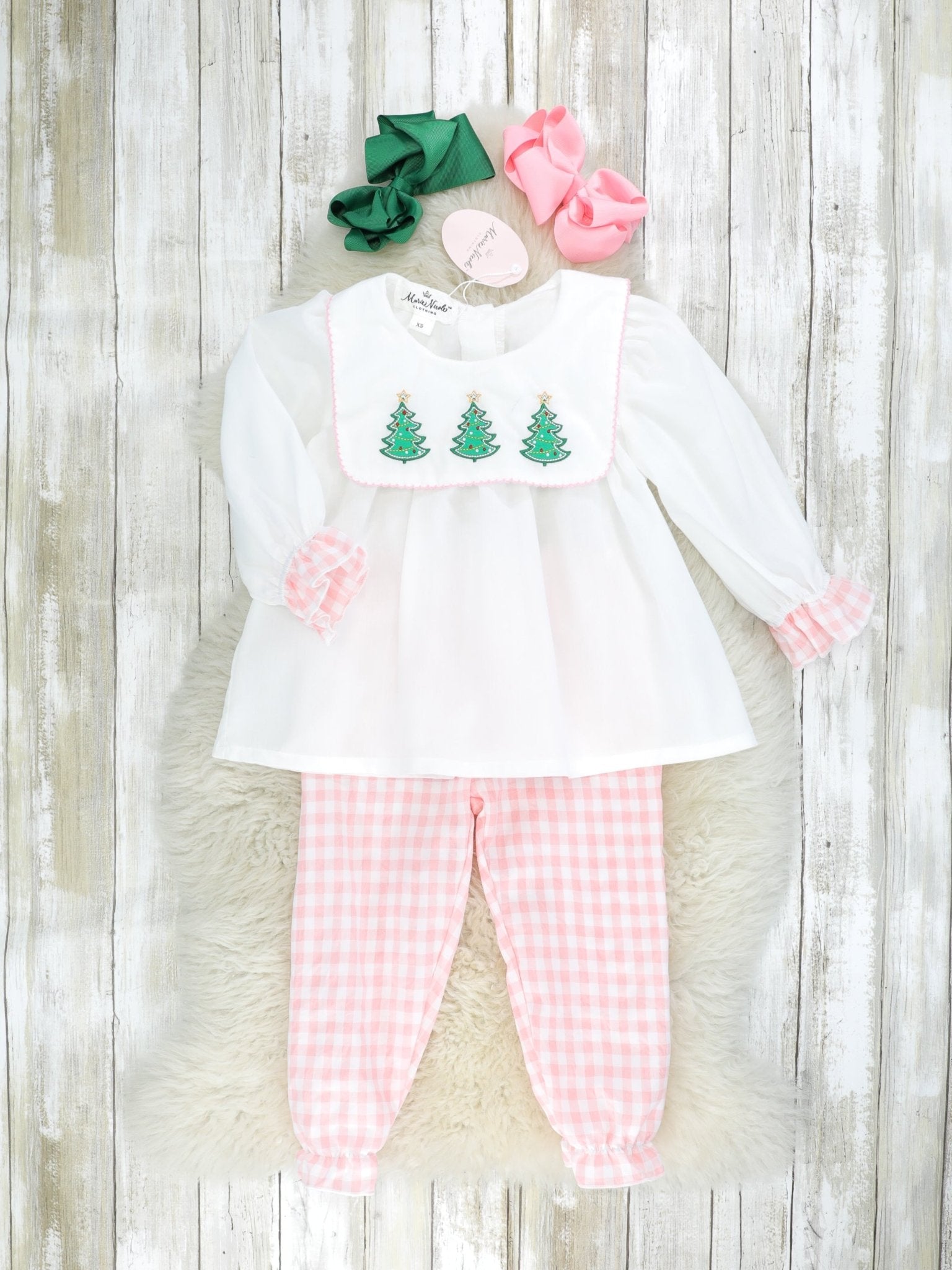 Pink Gingham Christmas Tree Bib Collar Outfit - Marie Nicole Clothing